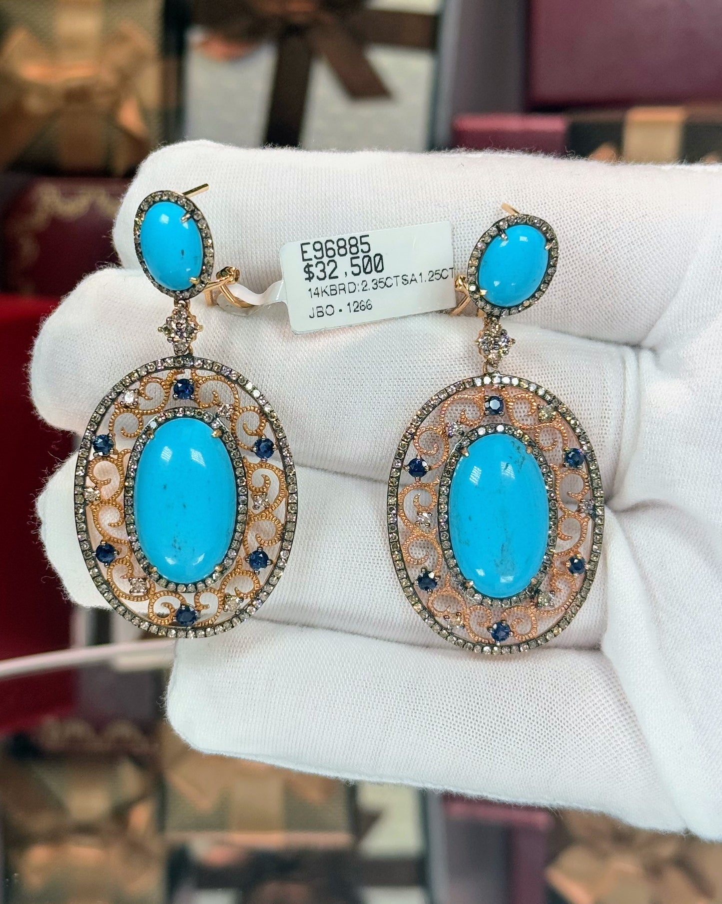 Turquoise and Sapphire 14k Rose Gold Filigree Earrings