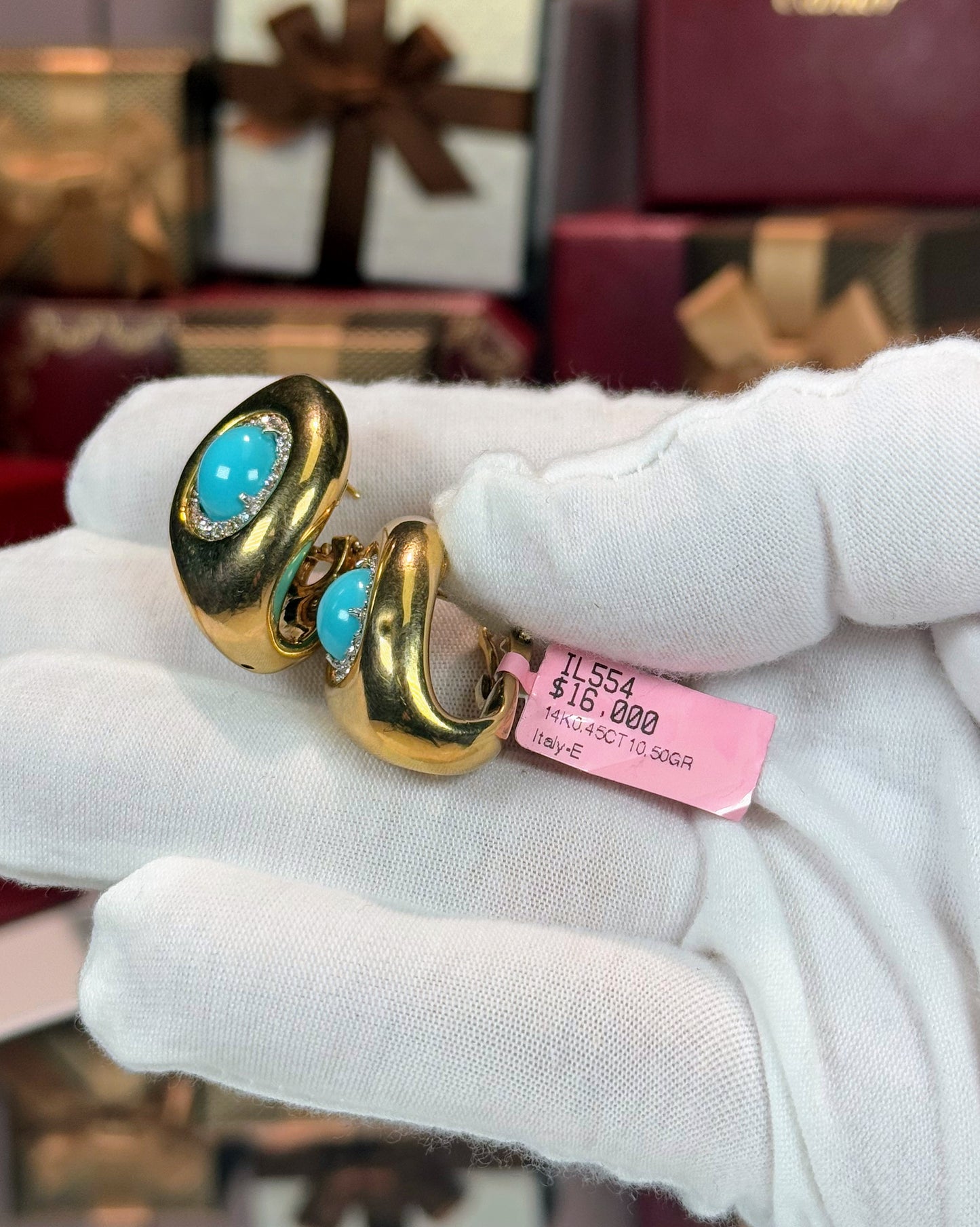 14k Yellow Gold Turquoise Eye Huggie Earrings