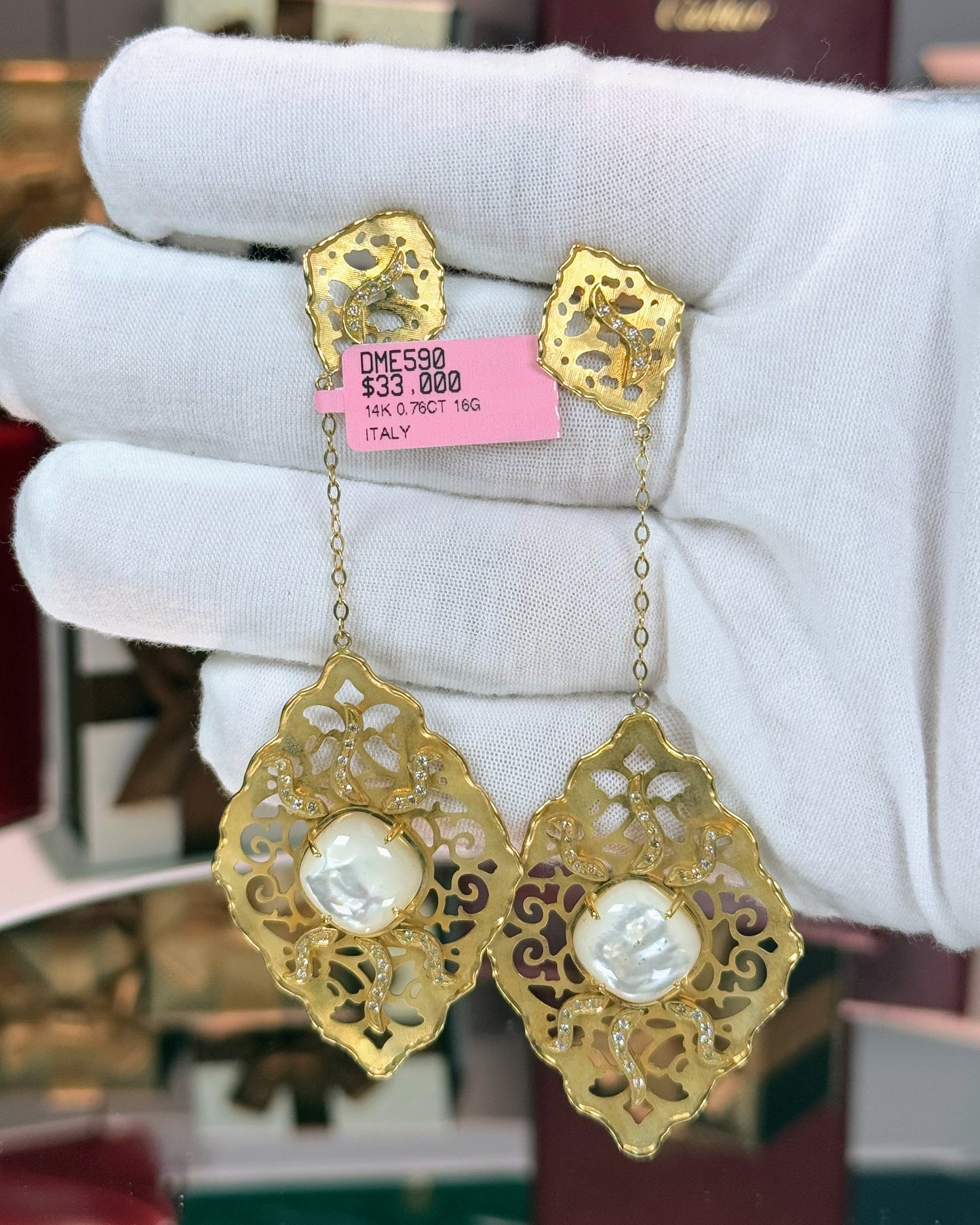 14k Yellow Gold Filigree MoP Drop Earrings