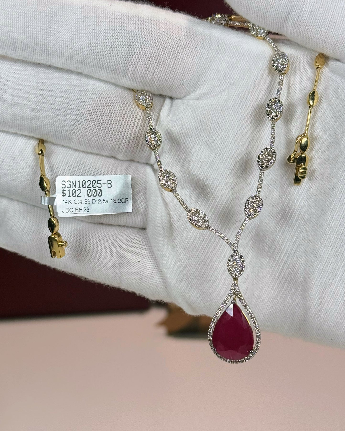 14k Yellow Gold Pear Shape Ruby Drop Diamond Necklace