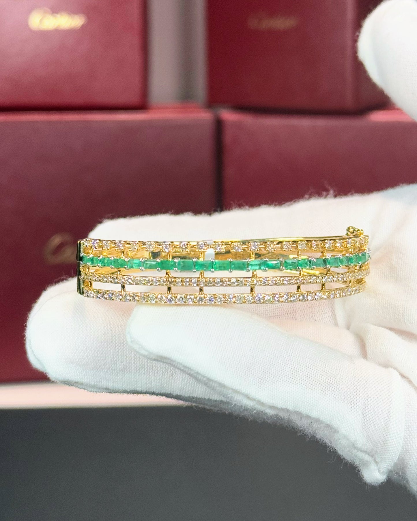 14k Yellow Gold Emerald and Diamond Layered Bangle