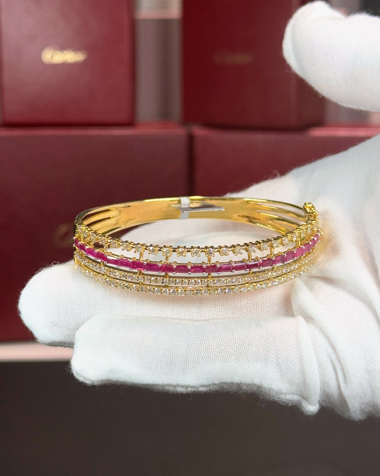 14k Yellow Gold Ruby and Diamond Layered Bangle