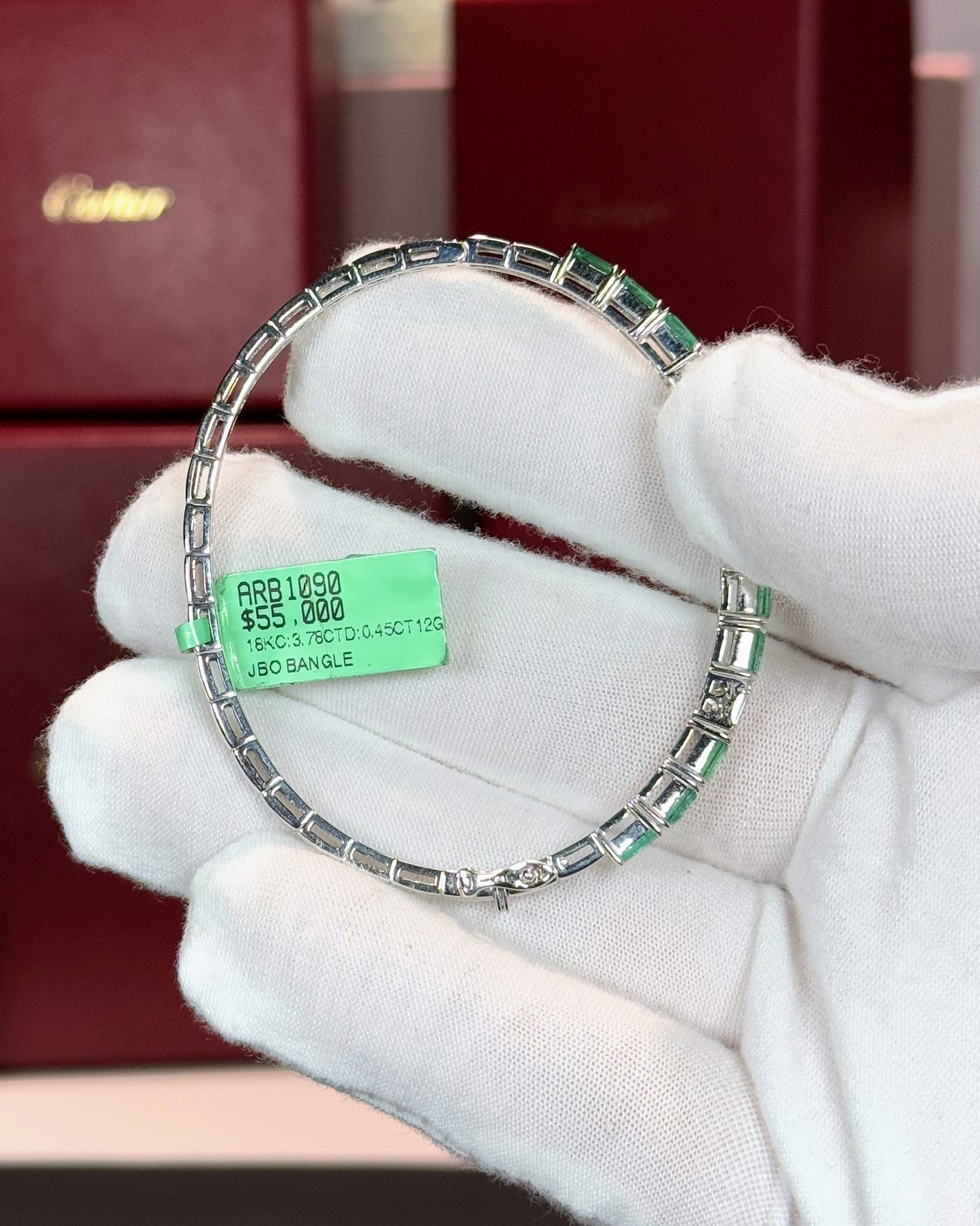 18k White Gold Emerald and Diamond Bangle