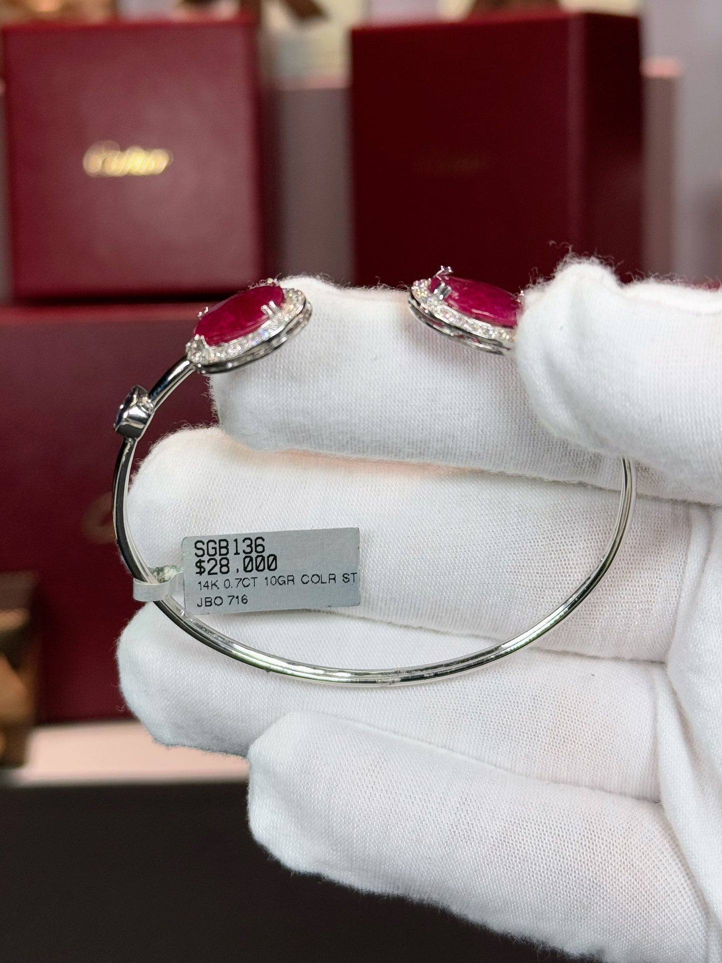 14k White Gold Ruby Halo Open Cuff Bangle