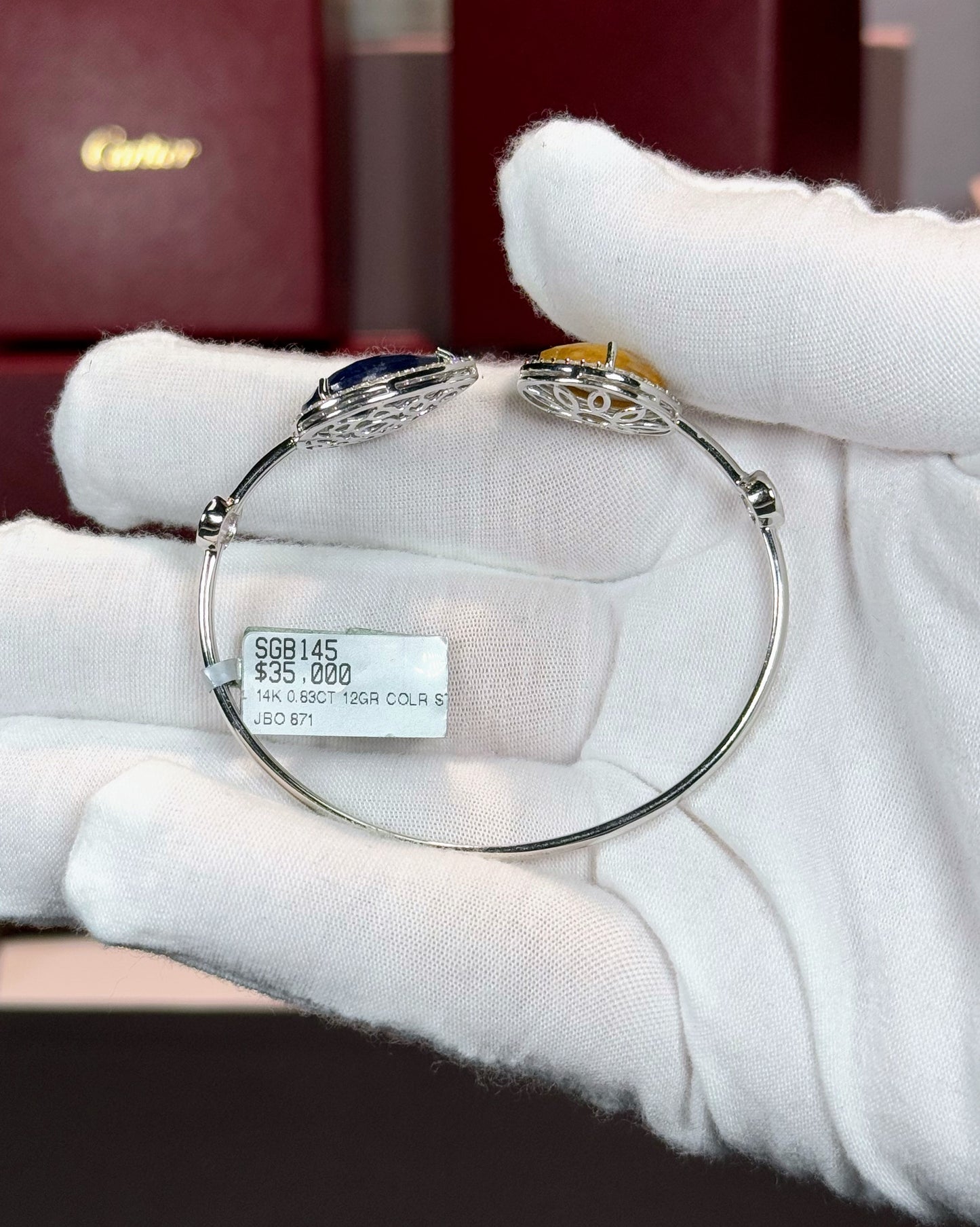 14k White Gold Sapphire Halo Open Cuff Bangle