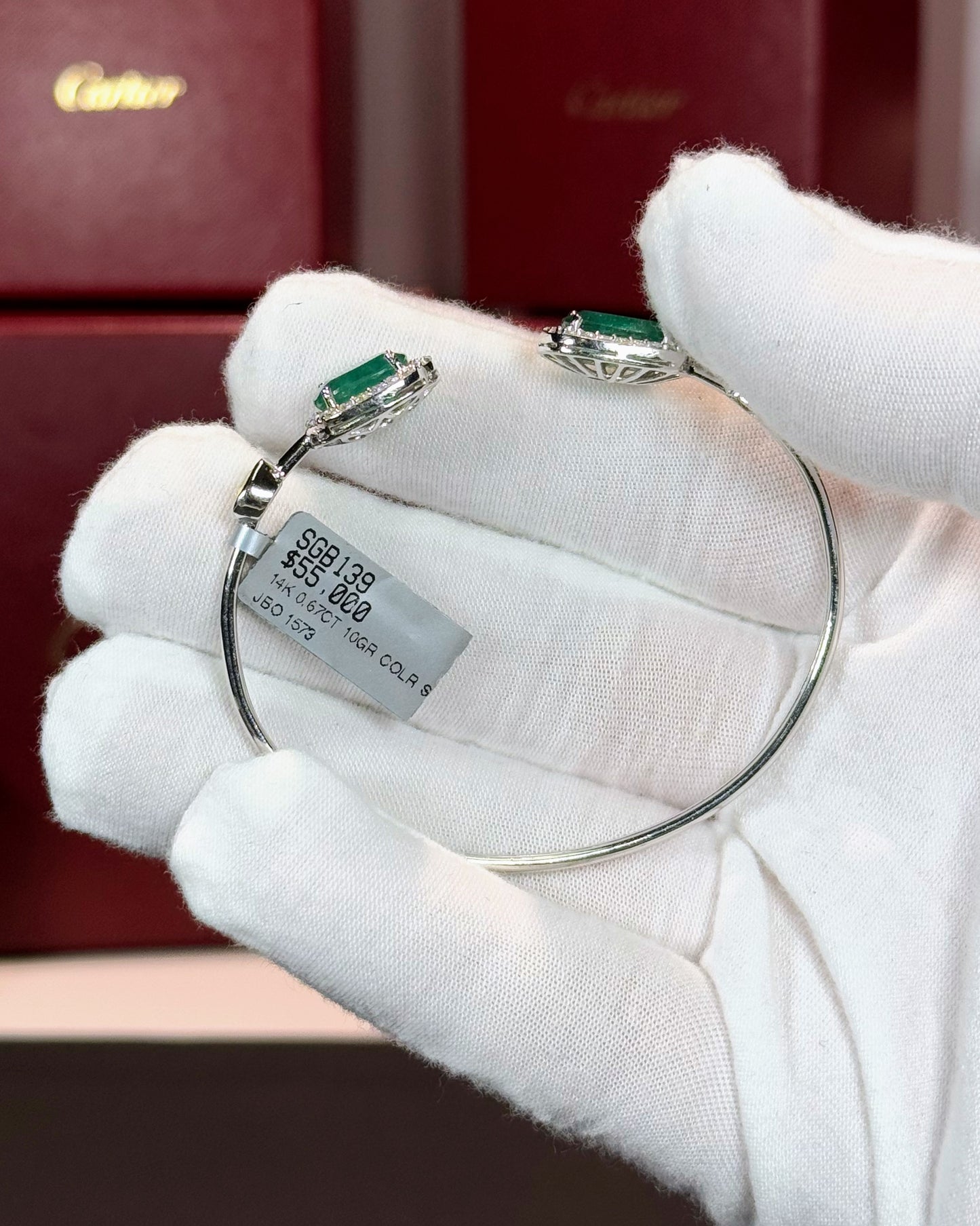 14k White Gold Emerald Halo Open Cuff Bangle