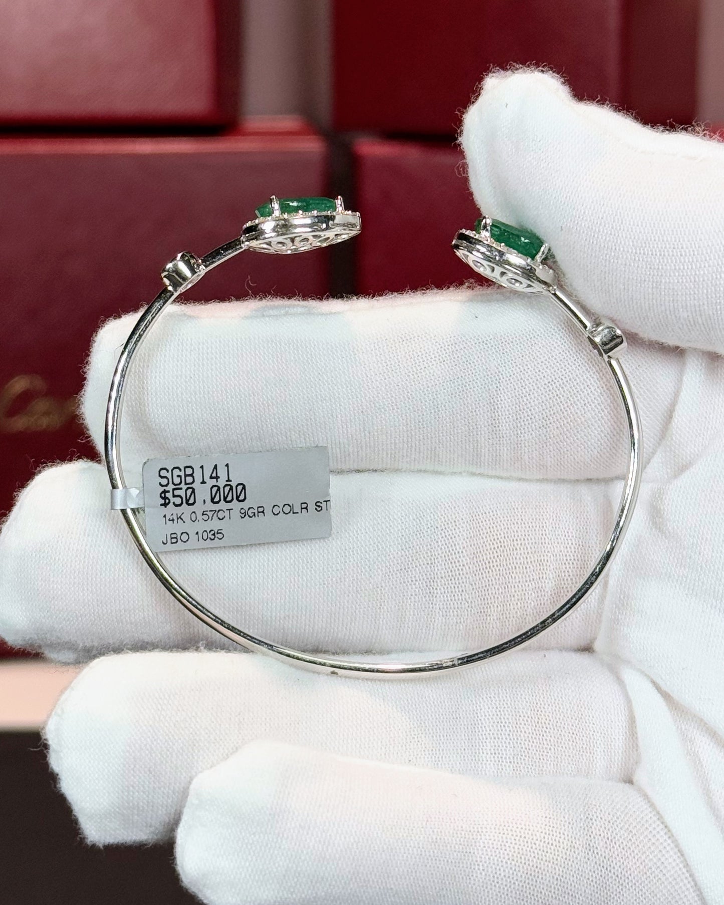 14k White Gold Emerald Halo Open Cuff Bangle