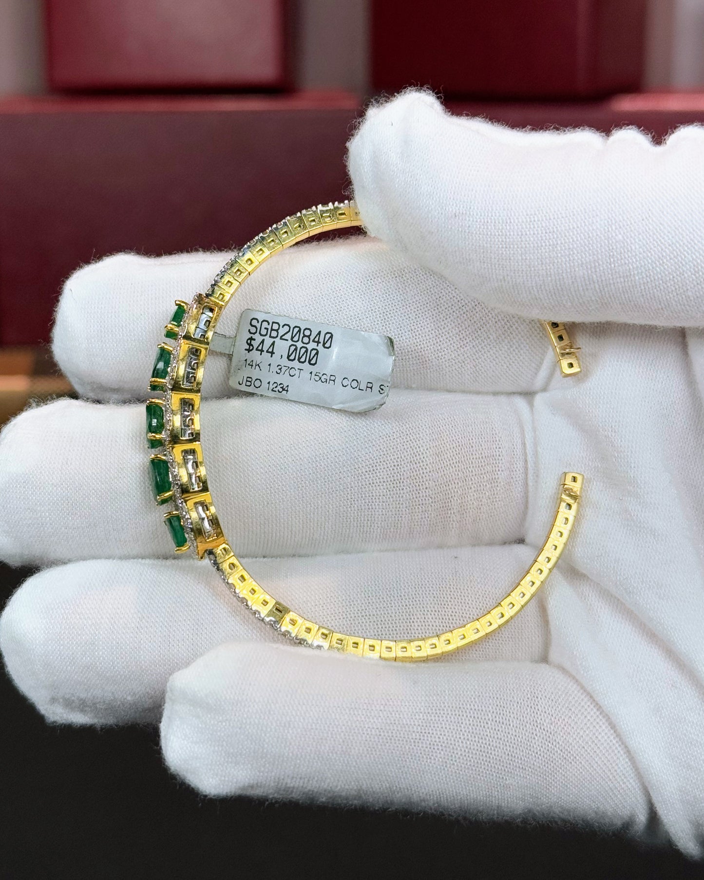 14k Yellow Gold Emerald and Diamond Open Bangle