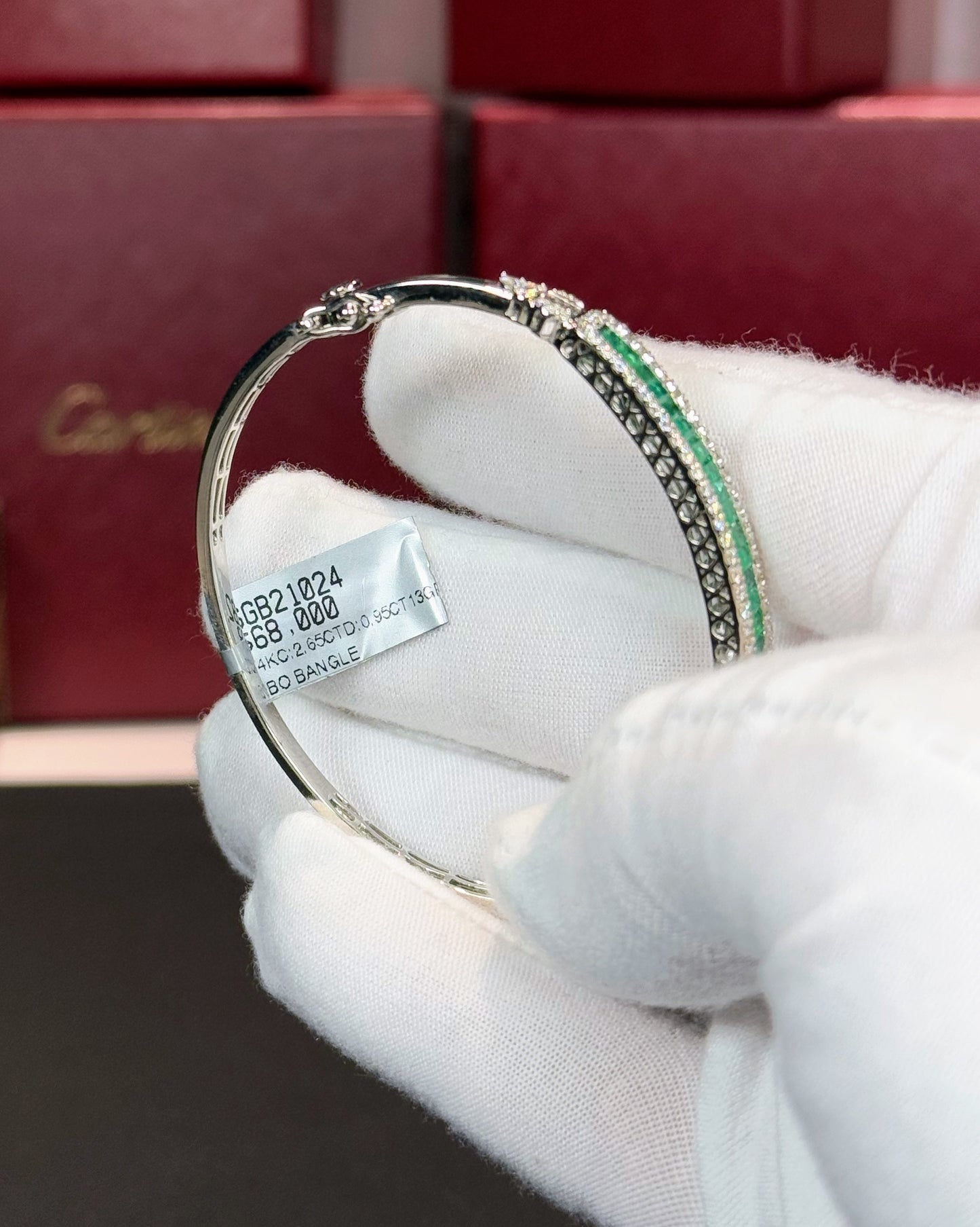 14k White Gold Emerald and Diamond Bangle