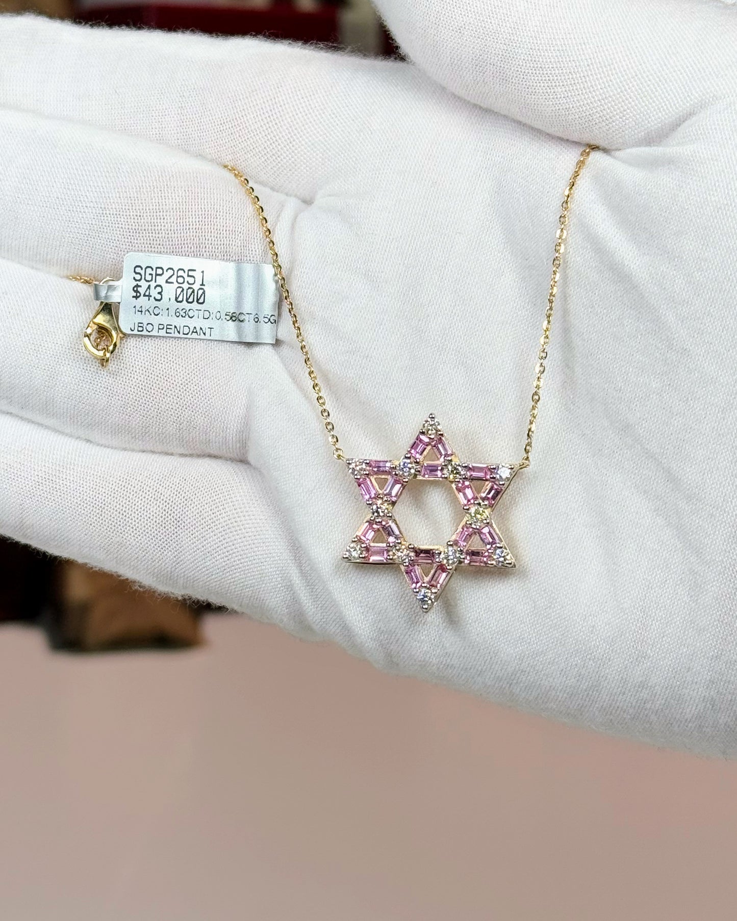 14k Yellow Gold Pink Star of David Pendant Necklace