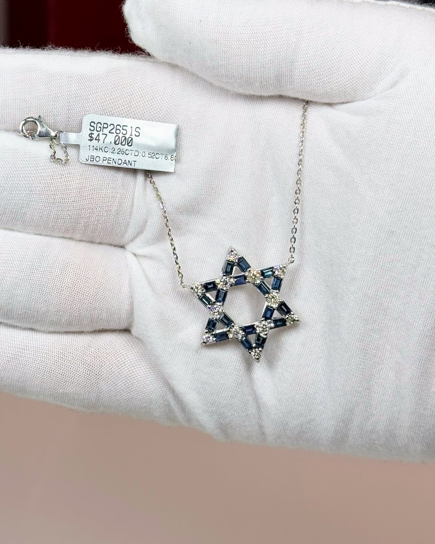 14k White Gold Blue Star of David Pendant Necklace
