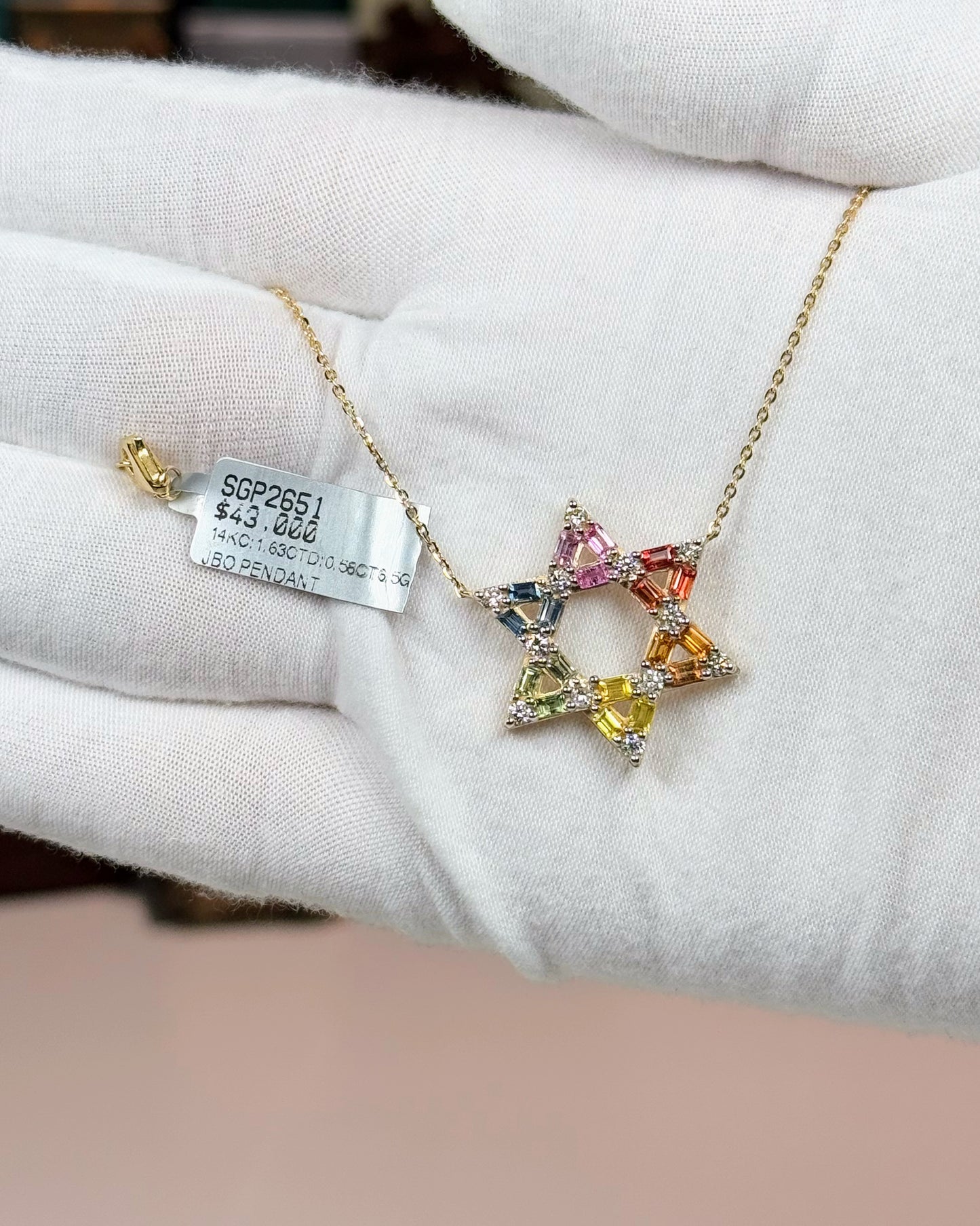 14k Yellow Gold Rainbow Star of David Pendant Necklace