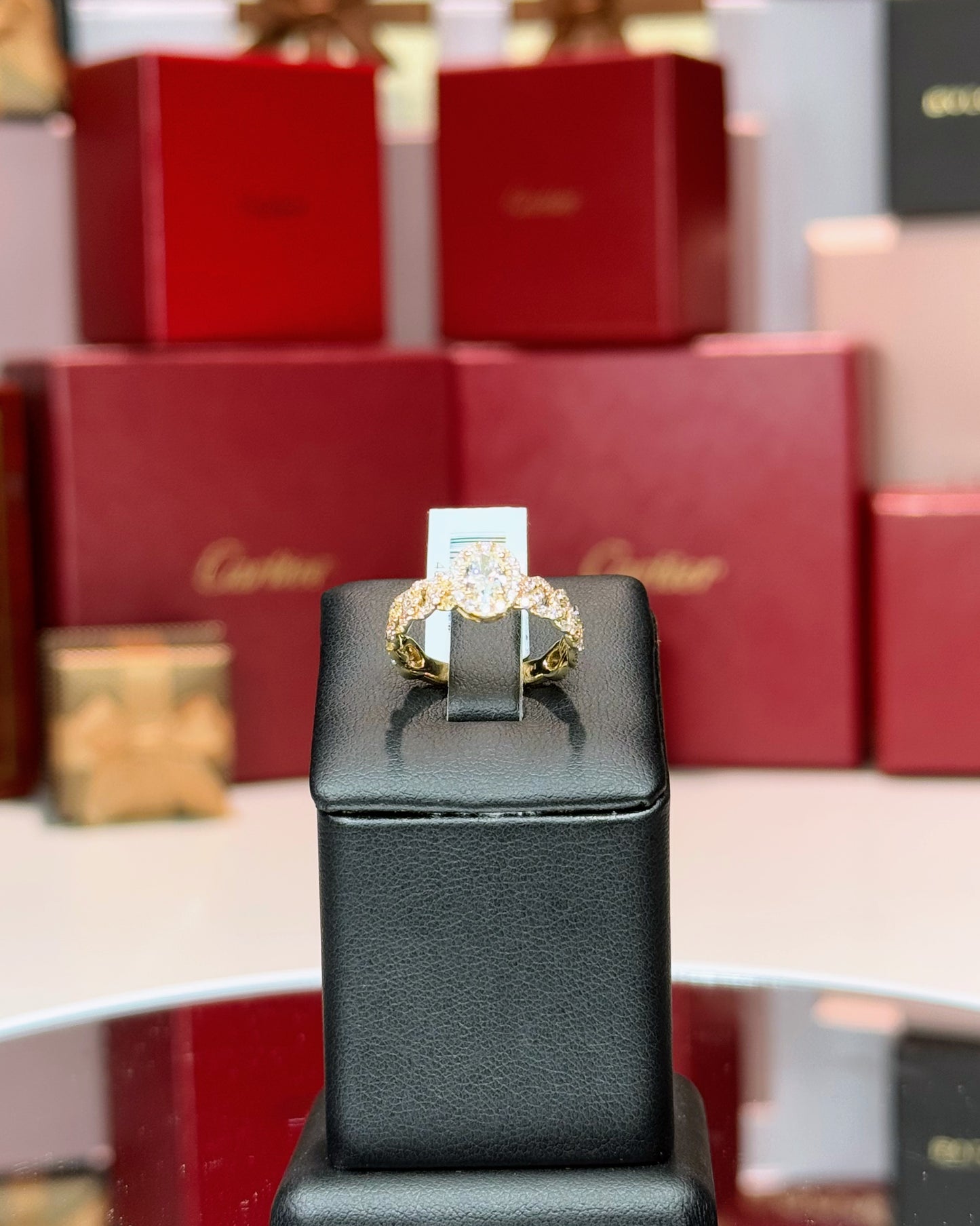 14k Yellow Gold Oval Diamond Halo Link Shank RIng