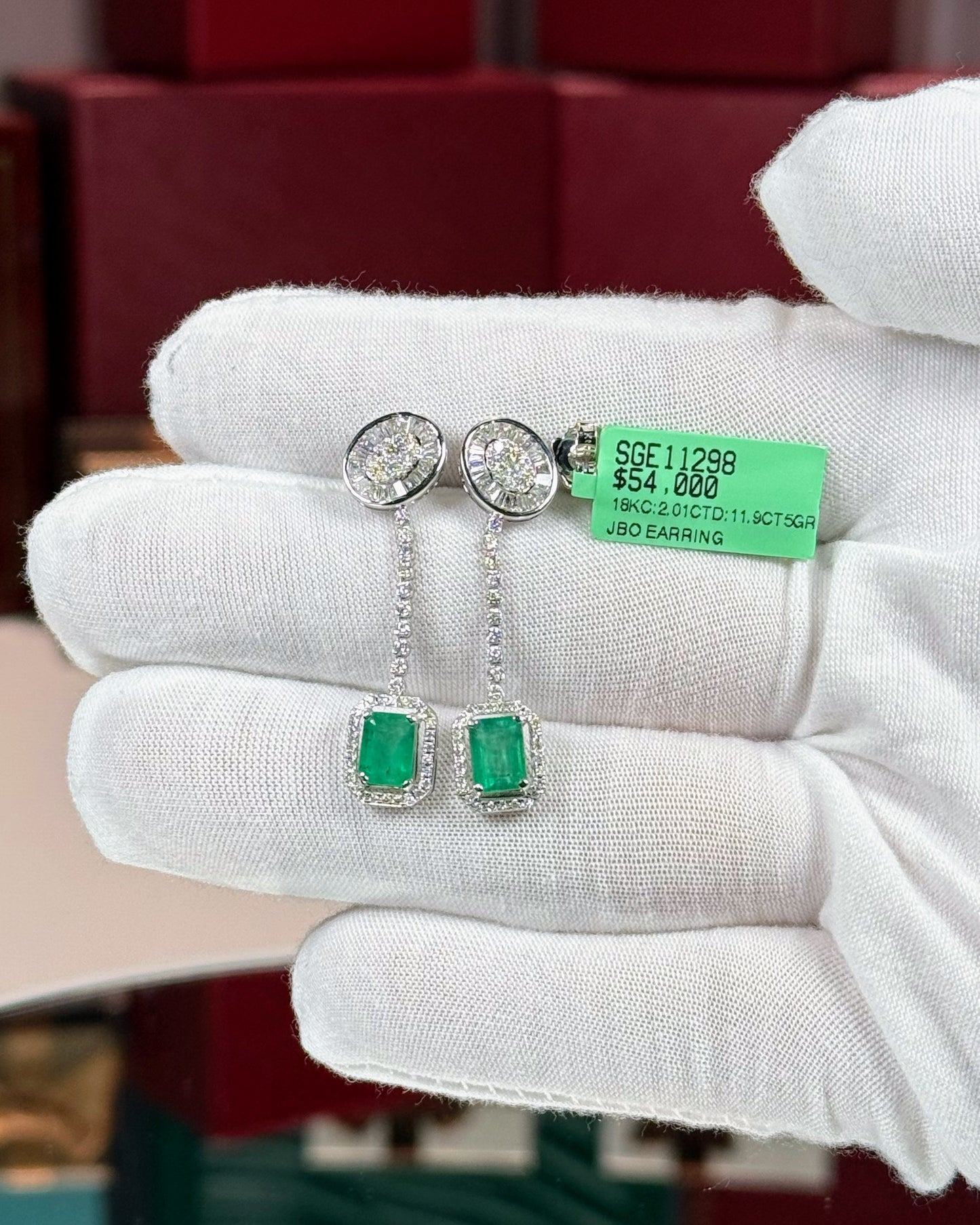 14k White Gold Emerald Drop Diamond Earrings