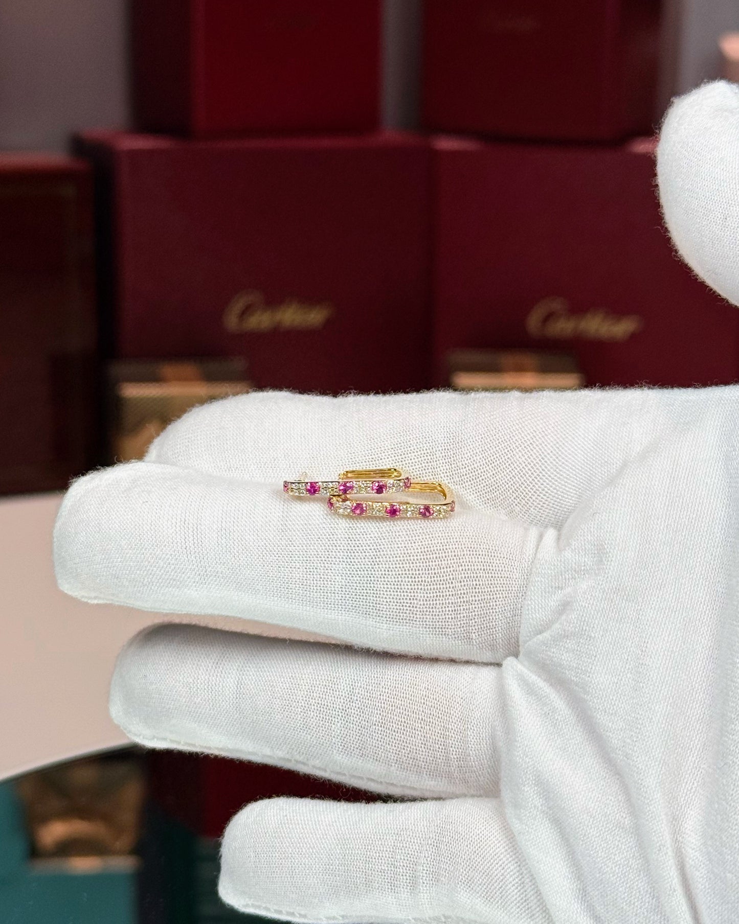14k Yellow Gold Ruby and Diamond Huggie Earrings