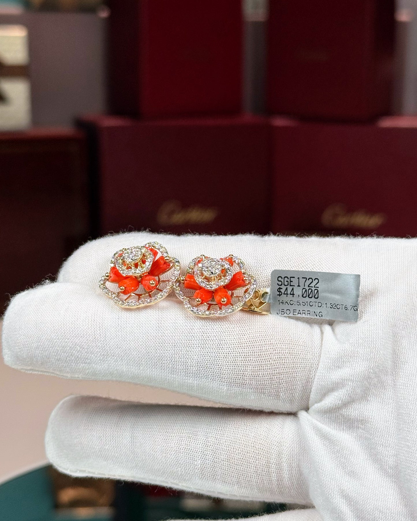 14k Yellow Gold Coral Floral Diamond Earrings