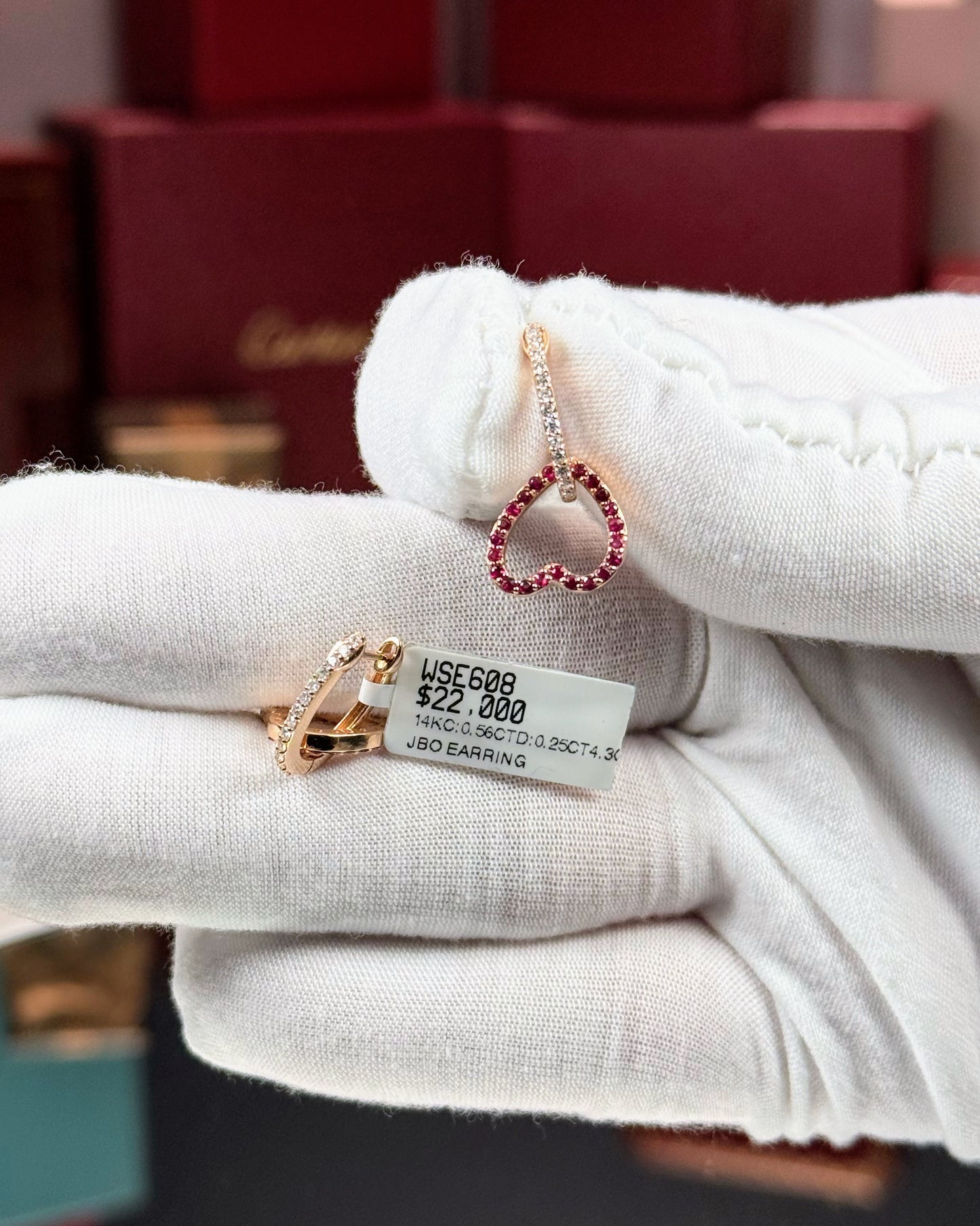 14k Rose Gold Ruby Heart Drop Diamond Earrings