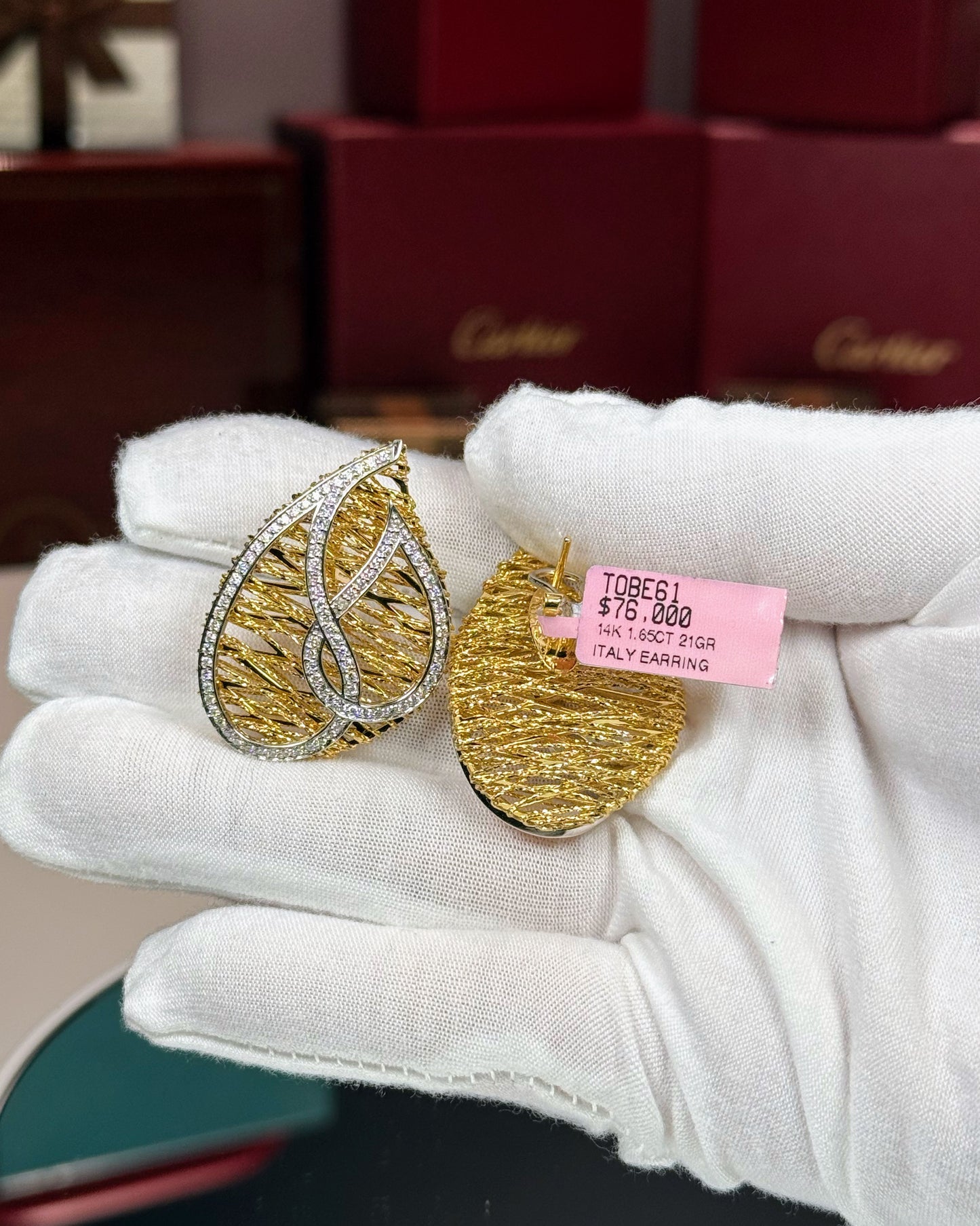 14k Yellow Gold Pear Shape Wire Weave Diamond Pave Earrings