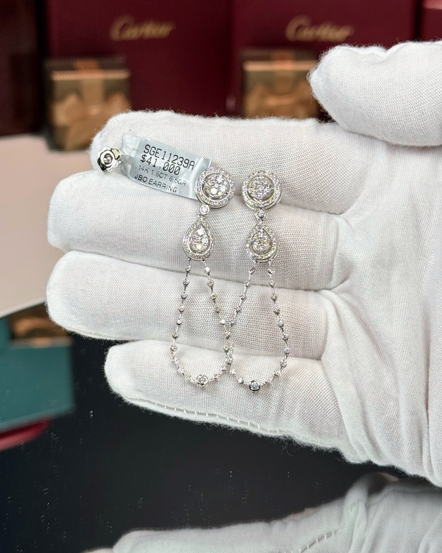 14k White Gold Open Teardrop Dangle Diamond Earrings