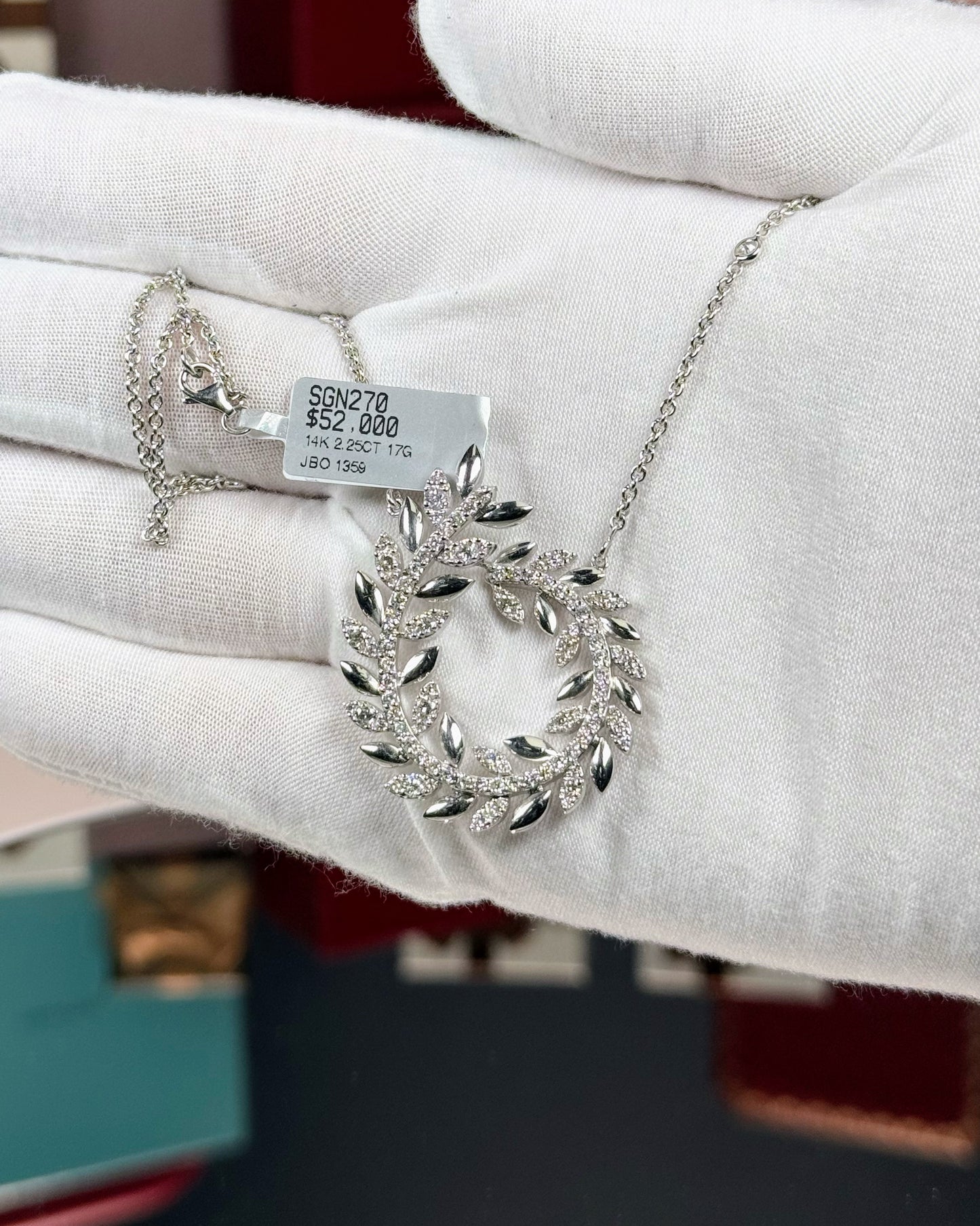 14k White Gold Laurel Wreath Design Diamond Pendant Necklace