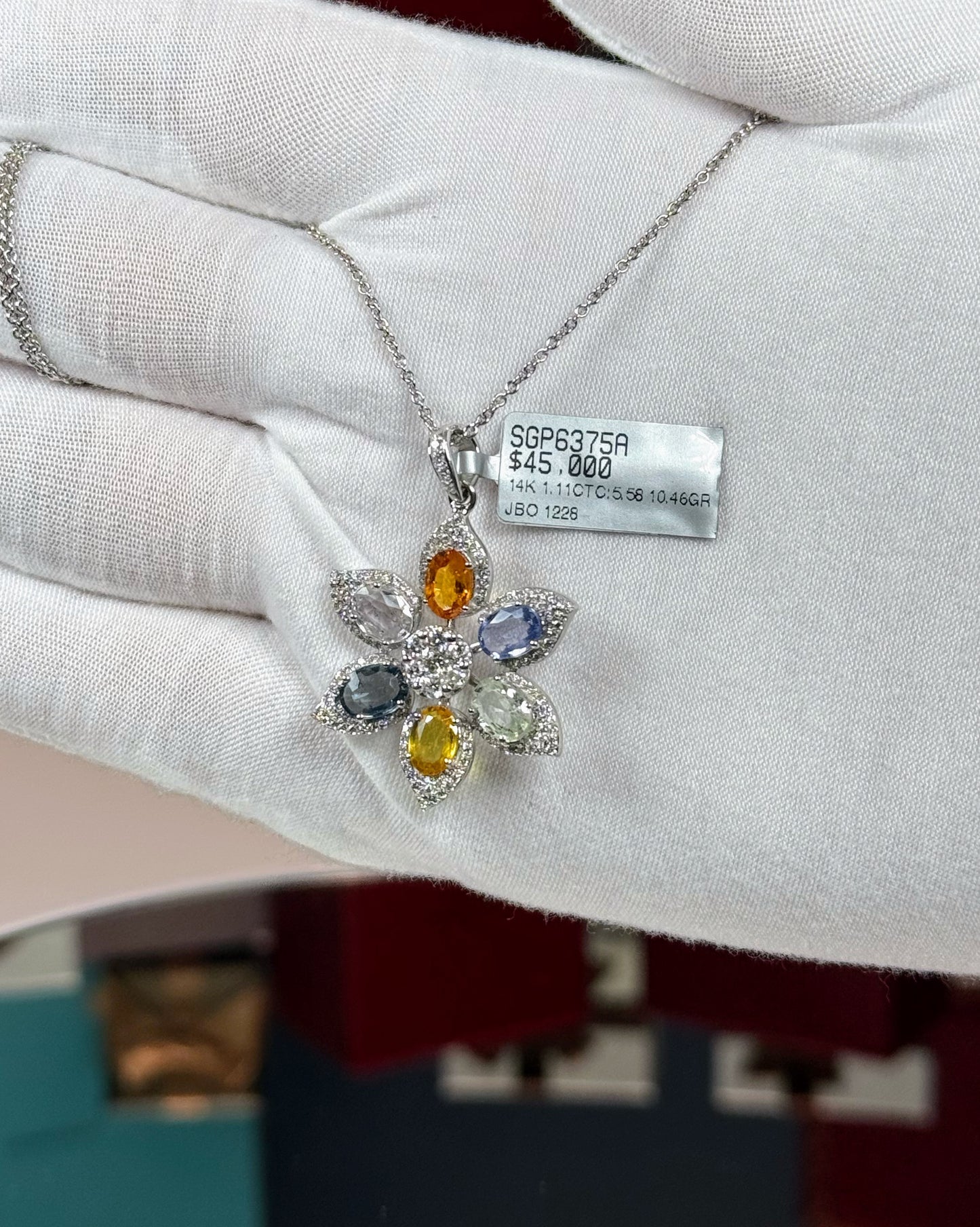 14k Whiet Gold Color Sapphire Flower Pendant Necklace