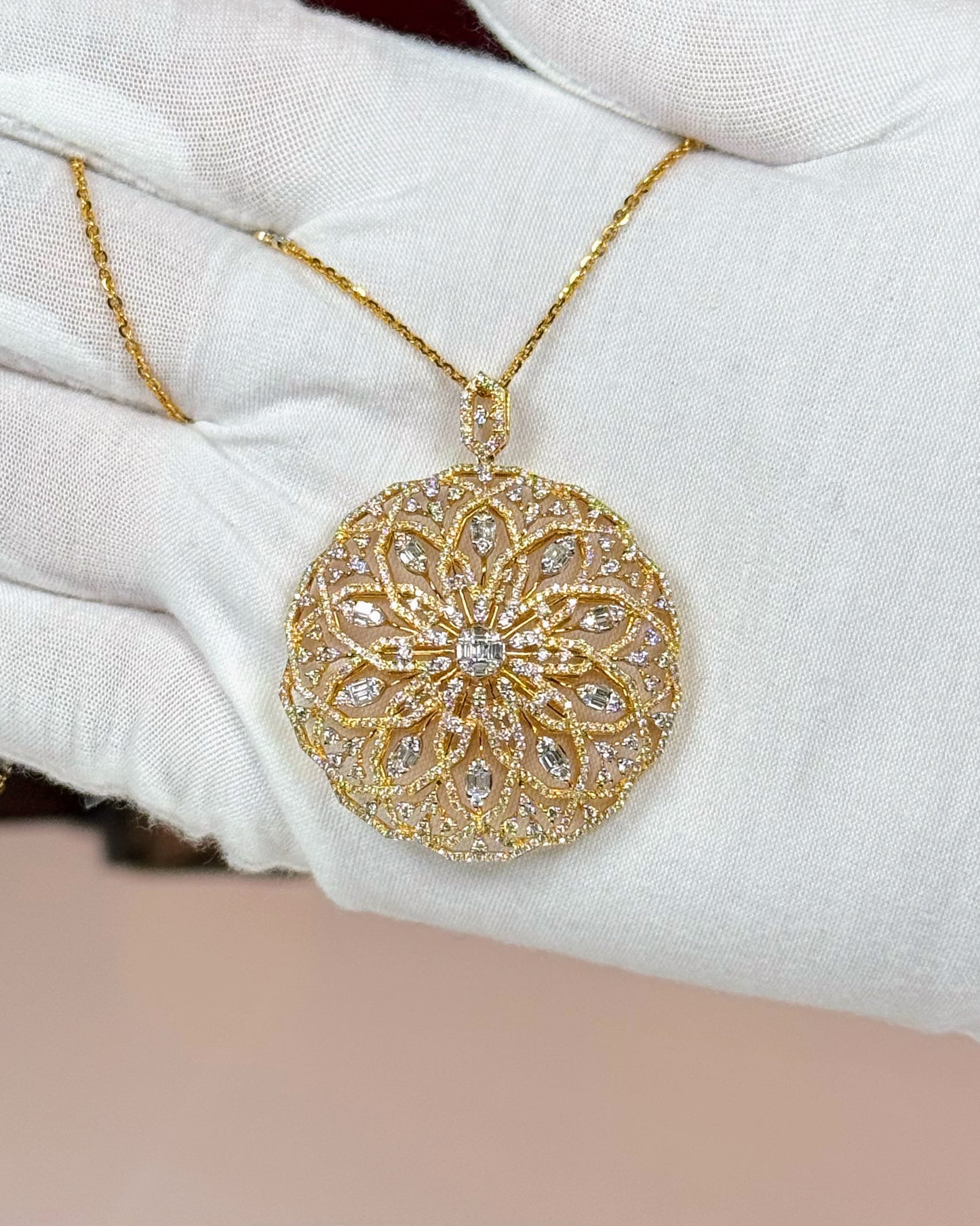 14k Yellow Gold Mandala Flower Design Diamond Pendant Necklace