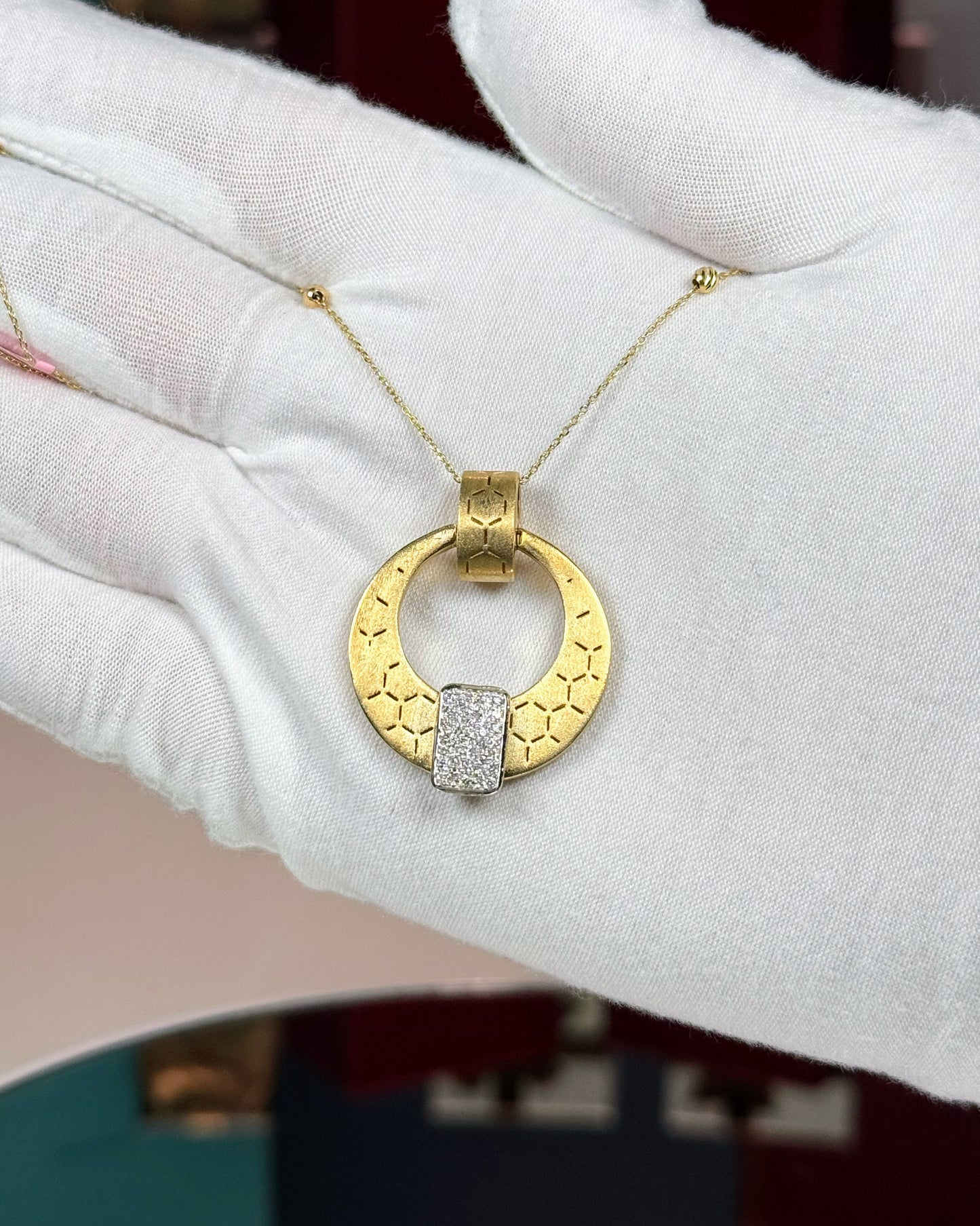 14k Yellow Gold Honeycomb Textured Diamond Pendant Necklace