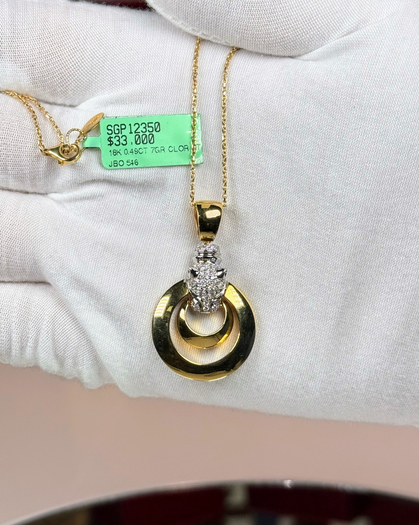 14k Yellow Gold Panther head Double Ring Pendant Necklace