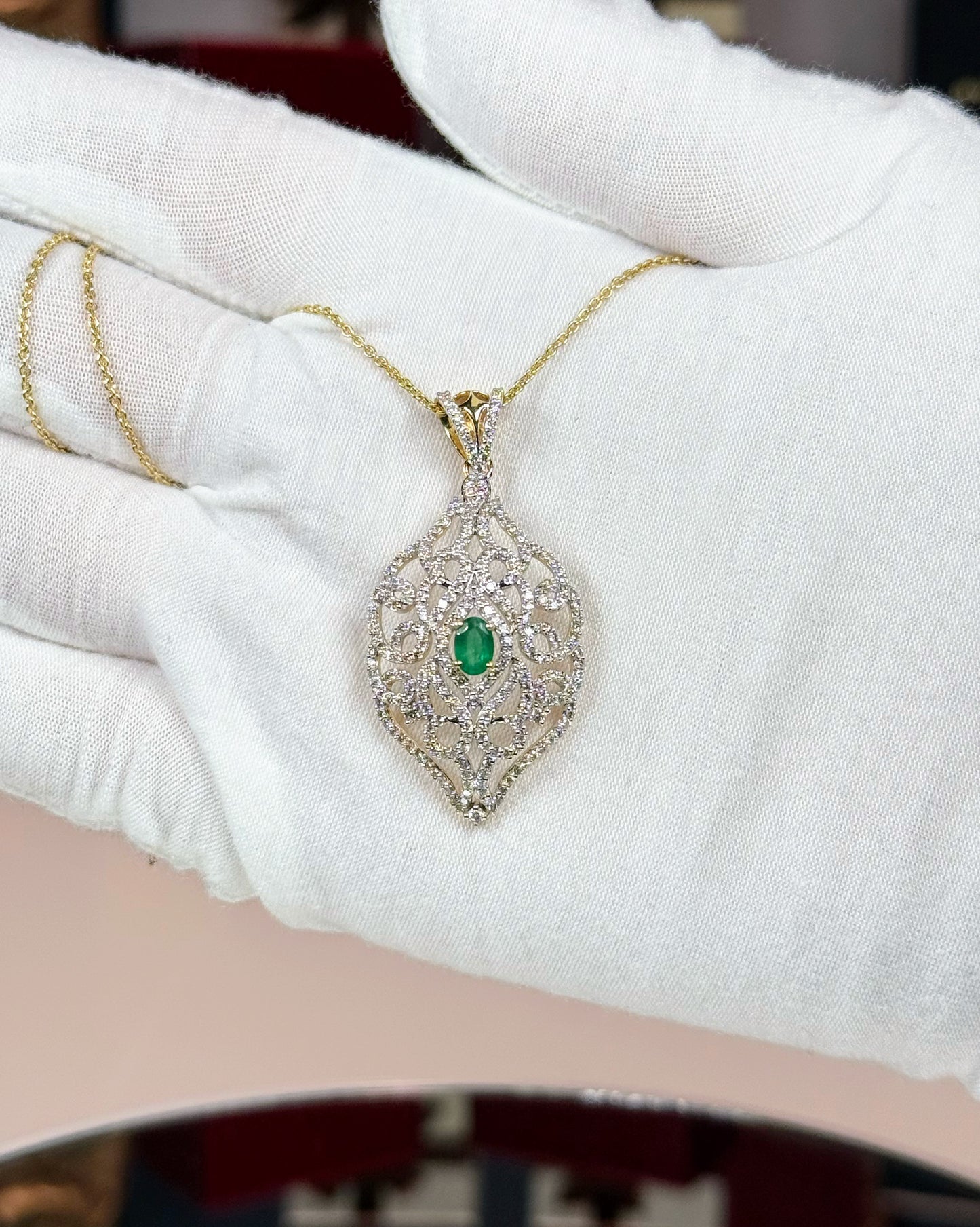 14k White Gold Diamond Paved Filigree Pendant Necklace