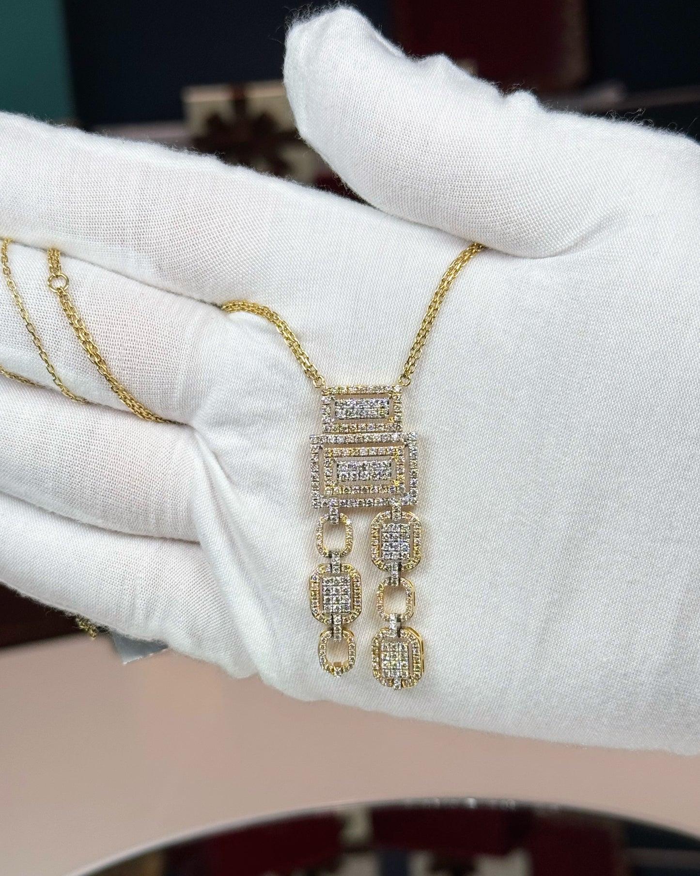 14k Yellow Gold Geometric Squares Chandelier Pendant Necklace