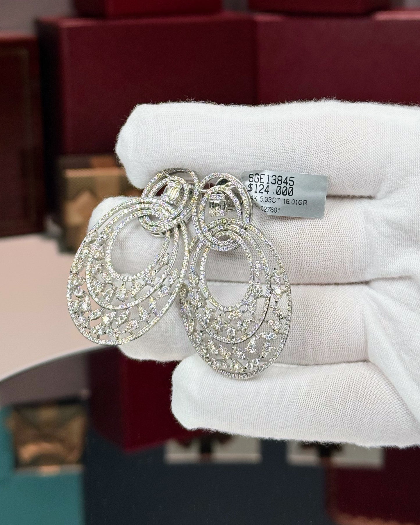 14k White Gold Concentric Oval Diamond Earrings