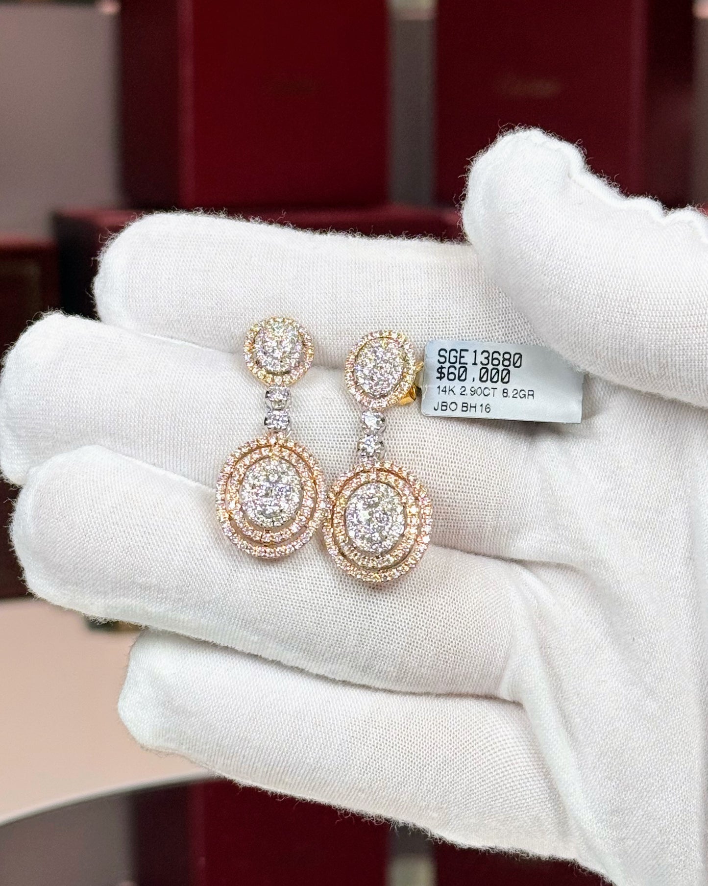 14k 3 color Oval Cluster Diamond Earrings