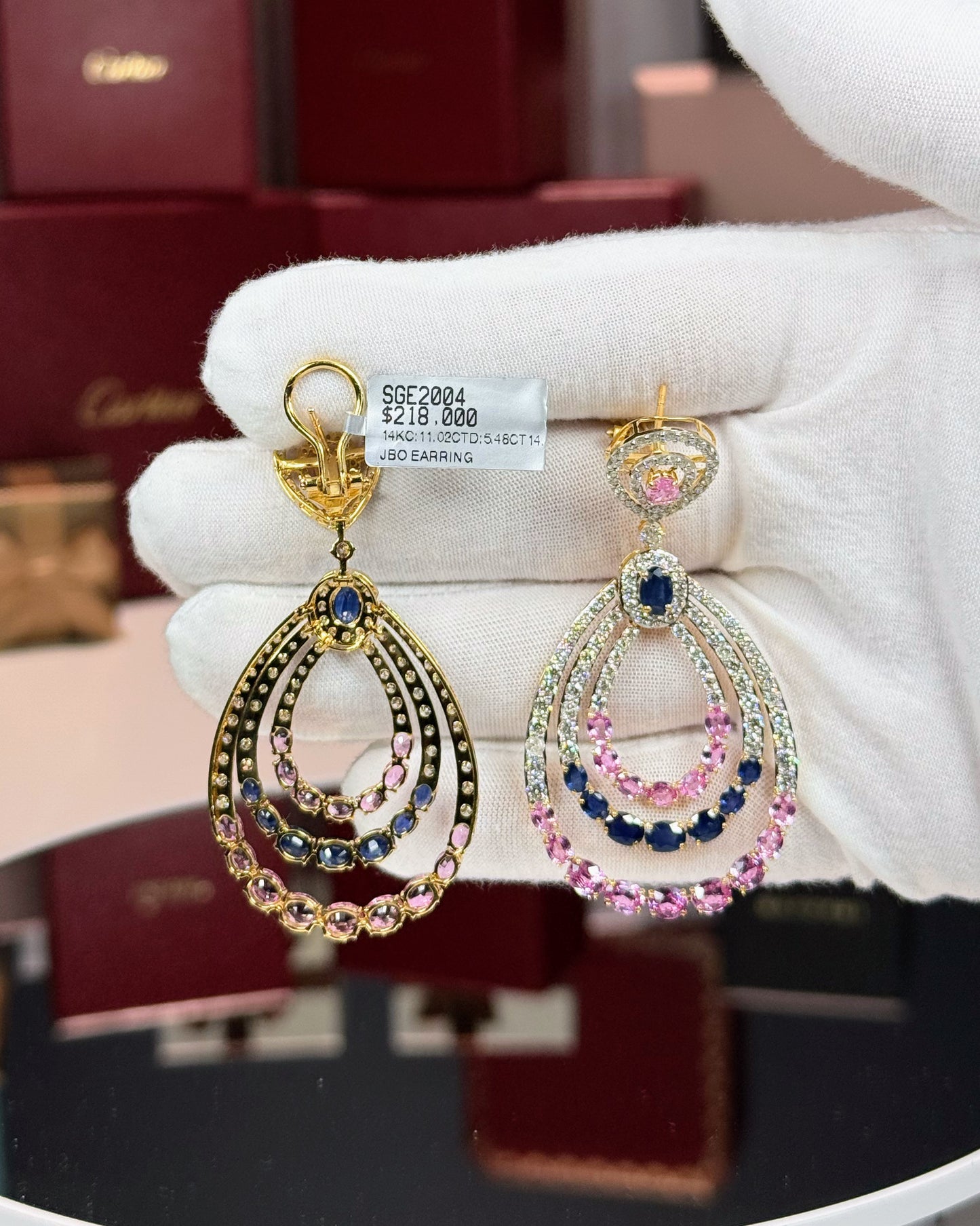 14k Yellow Gold Pink and Blue Sapphire Raindrop Diamond Earrings