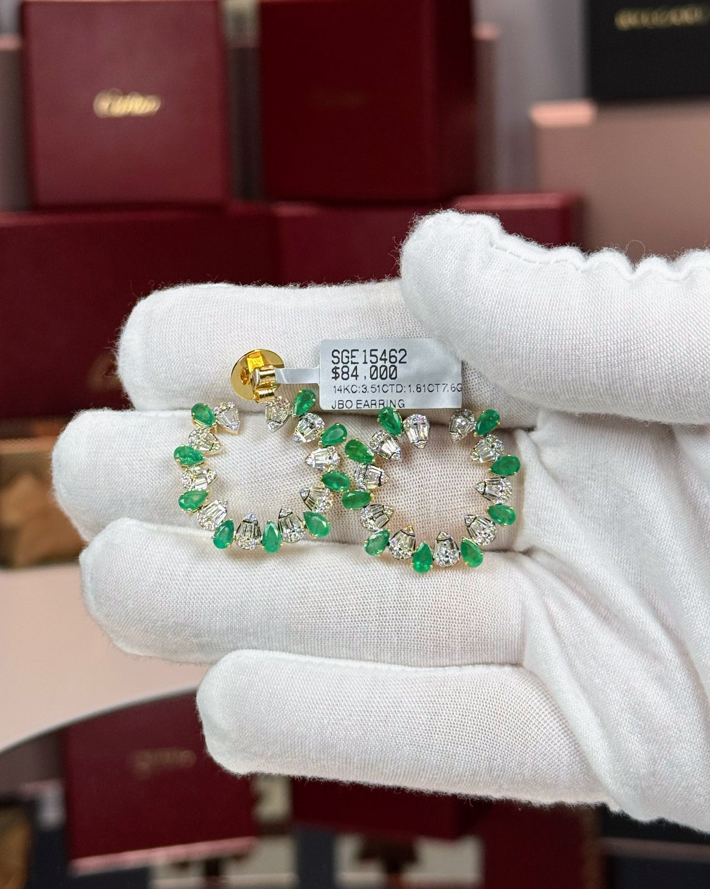 14k Yellow Gold Emerald and Diamond Loop Earrings