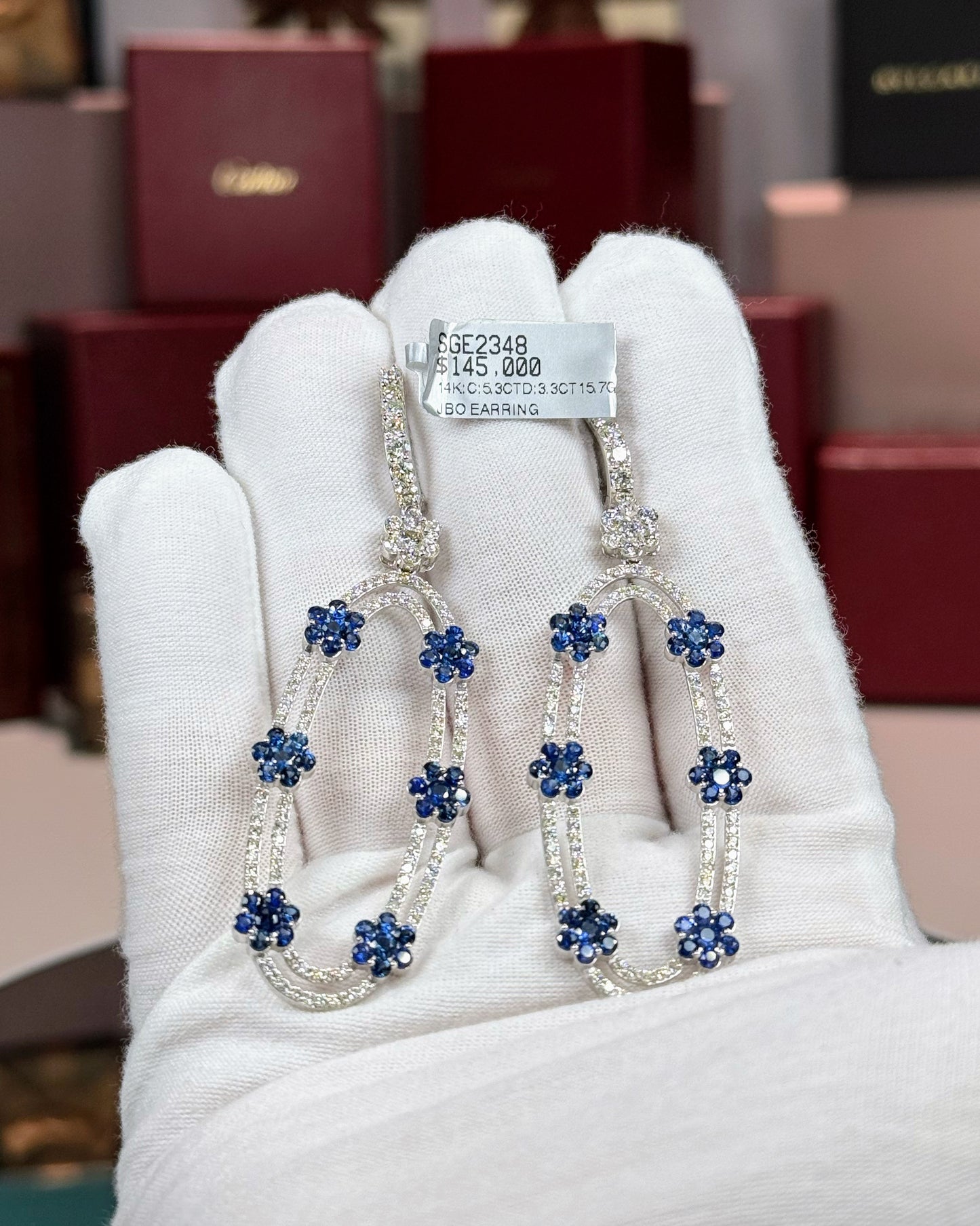 14k White Gold Sapphire Flowers Oval Drop Diamond Earrings
