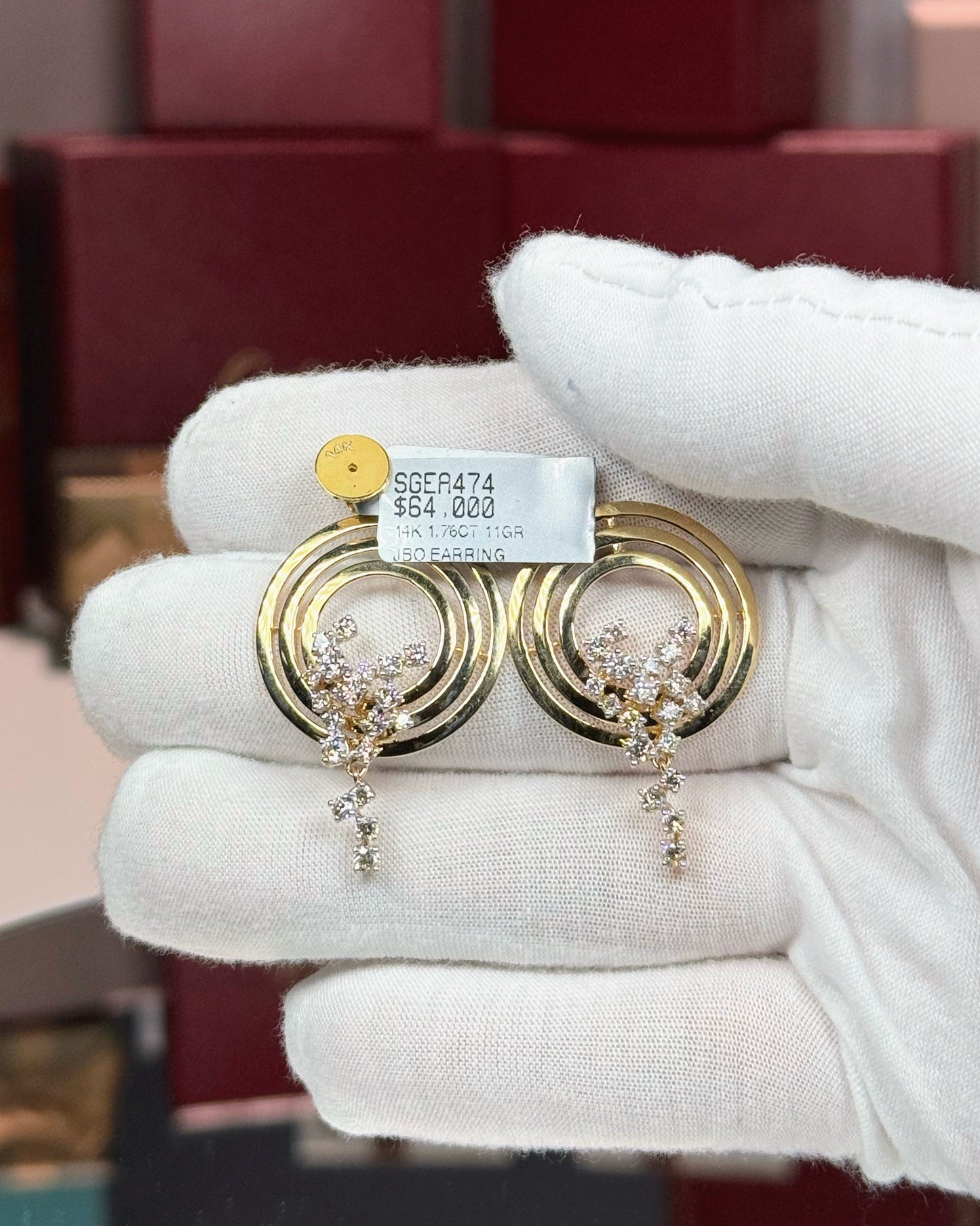 14k Yellow Gold Concentric Rings Diamond Earrings