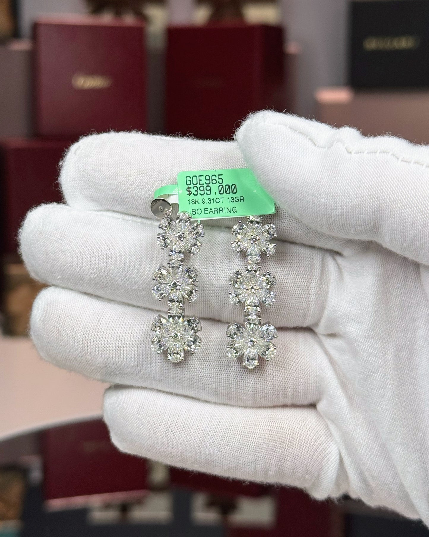 18k White Gold 3 Flower Drop Diamond Earrings