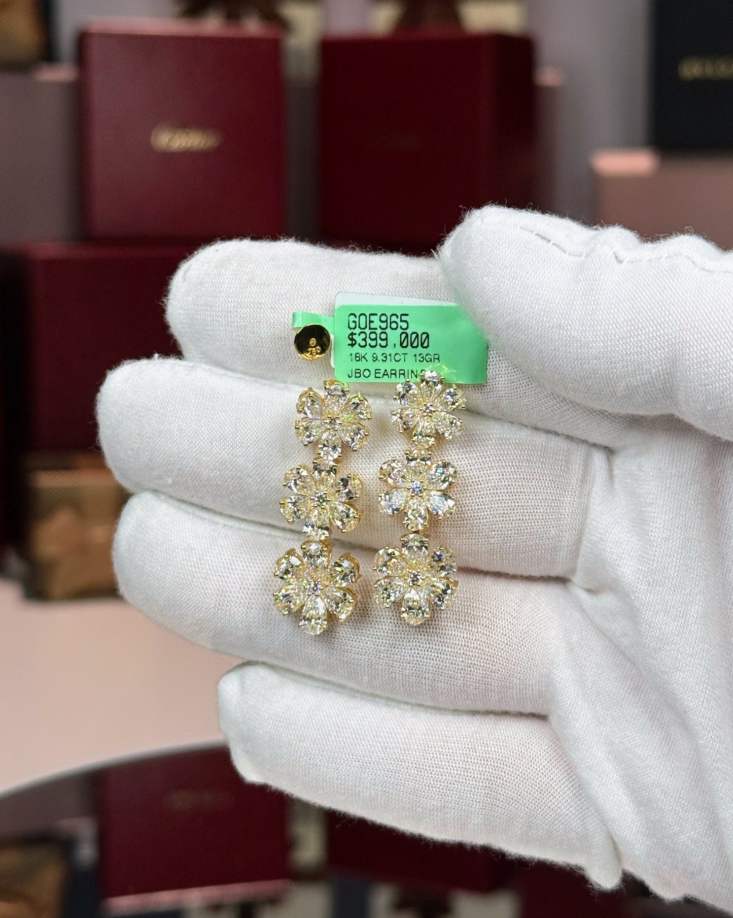 18k Yellow Gold 3 Flower Drop Diamond Earrings
