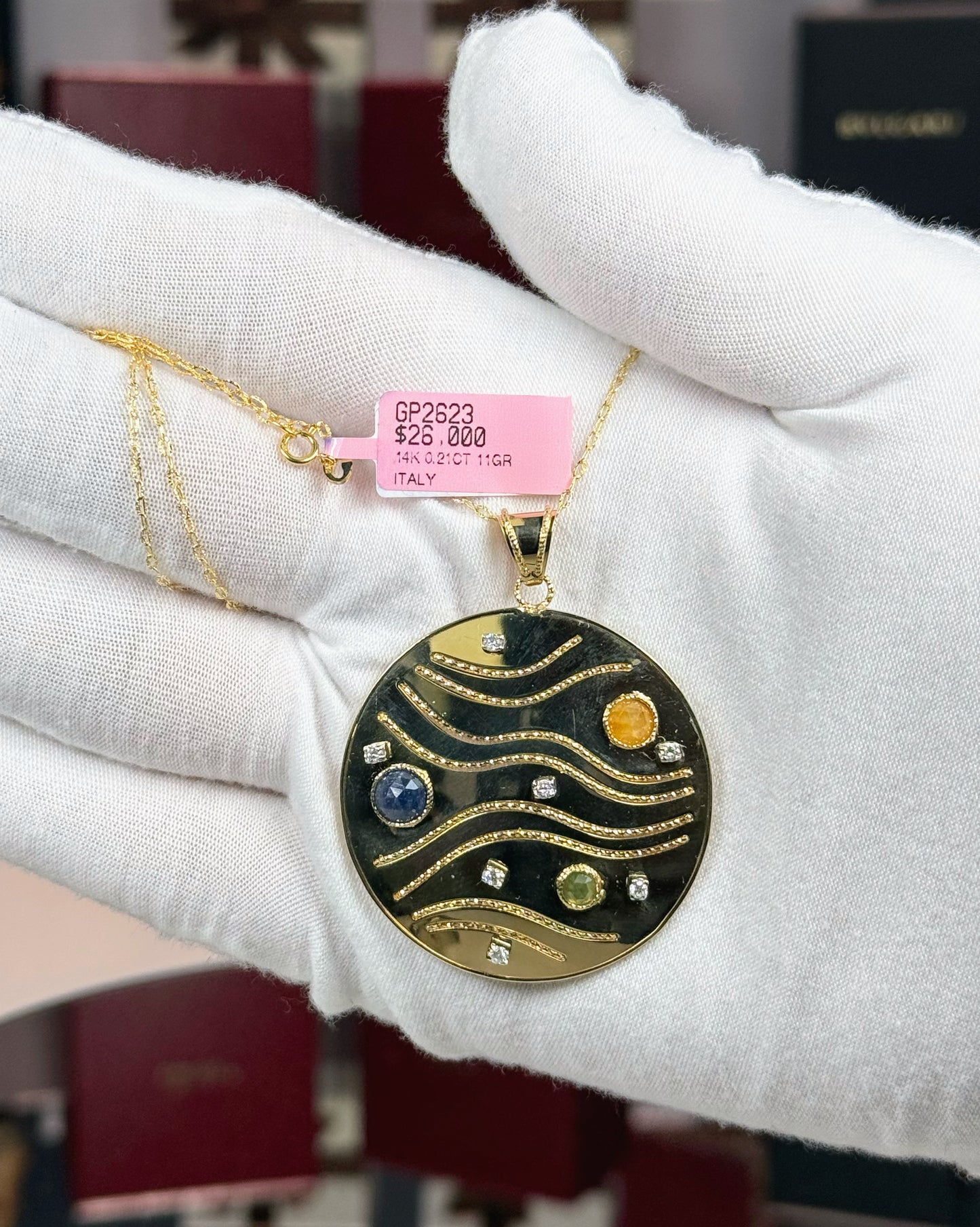 14k Yellow Gold Gemstones Diamond Pendant Necklace