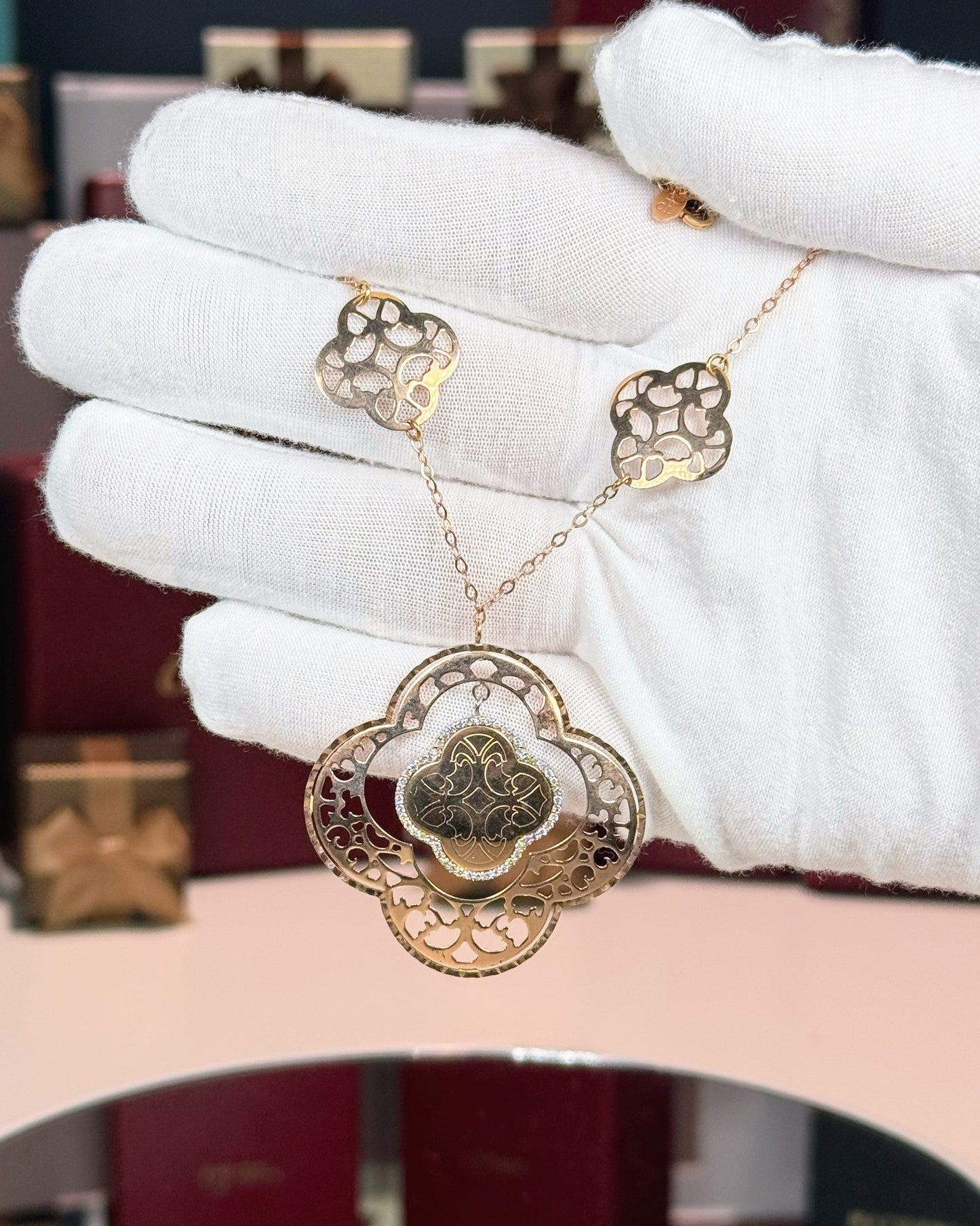 14k Rose Gold Filigree Flower Diamond Necklace