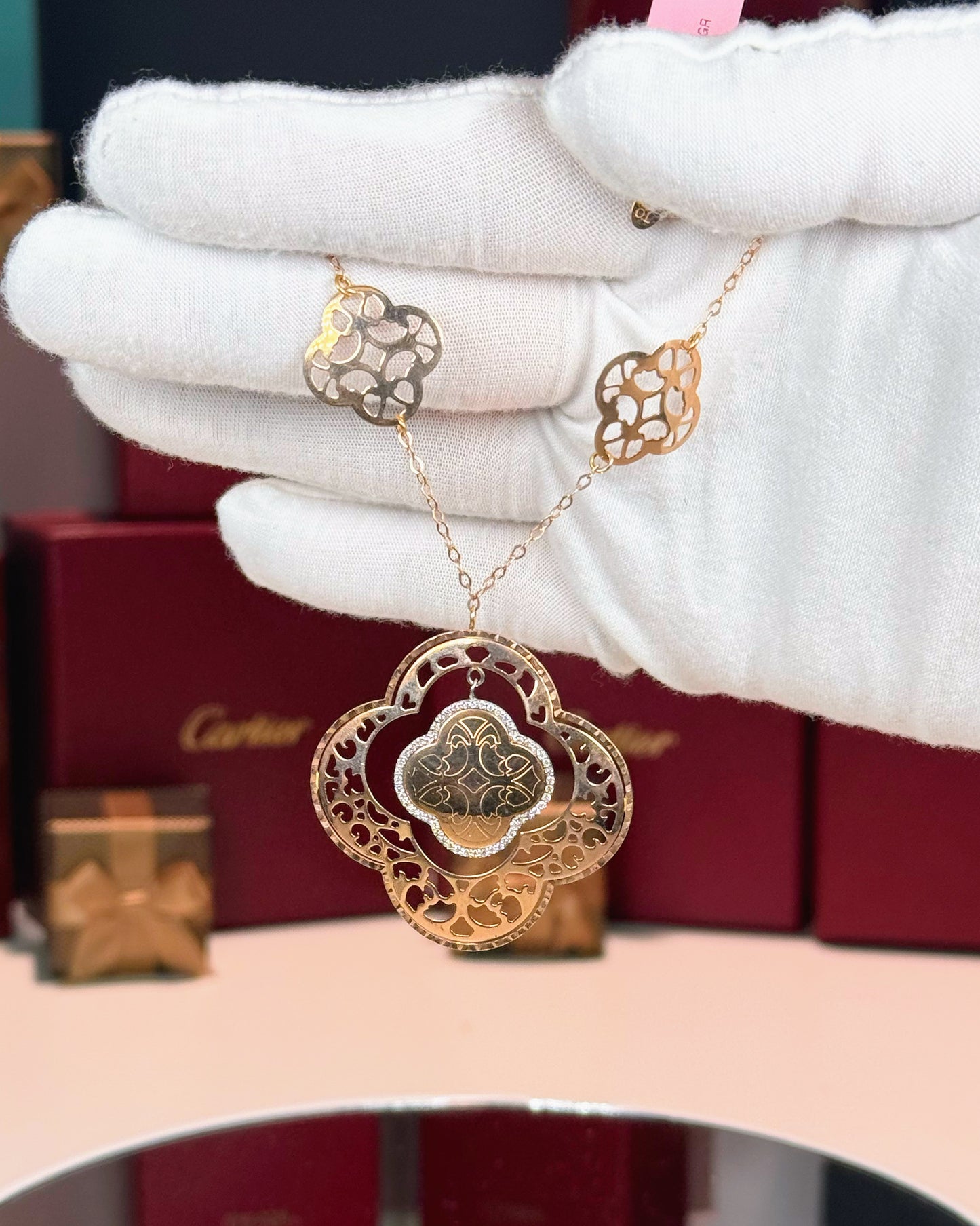 14k Rose Gold Filigree Flower Diamond Necklace