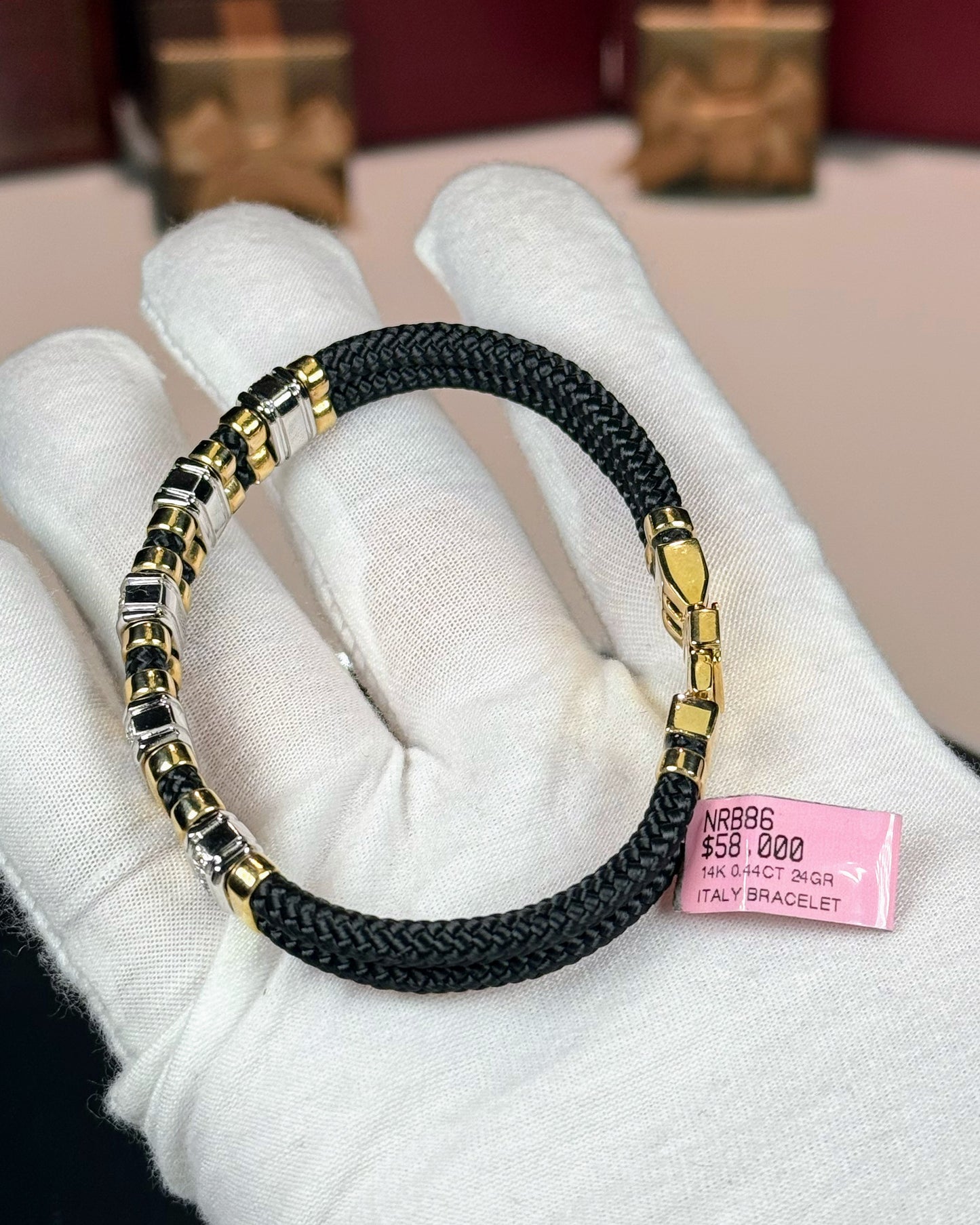 14k Yellow Gold and Diamond Braided Rope Bracelet