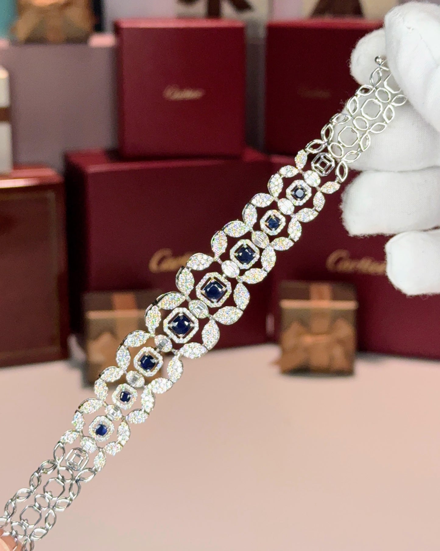 14k White Gold Flower Design Sapphire and Diamond Bracelet
