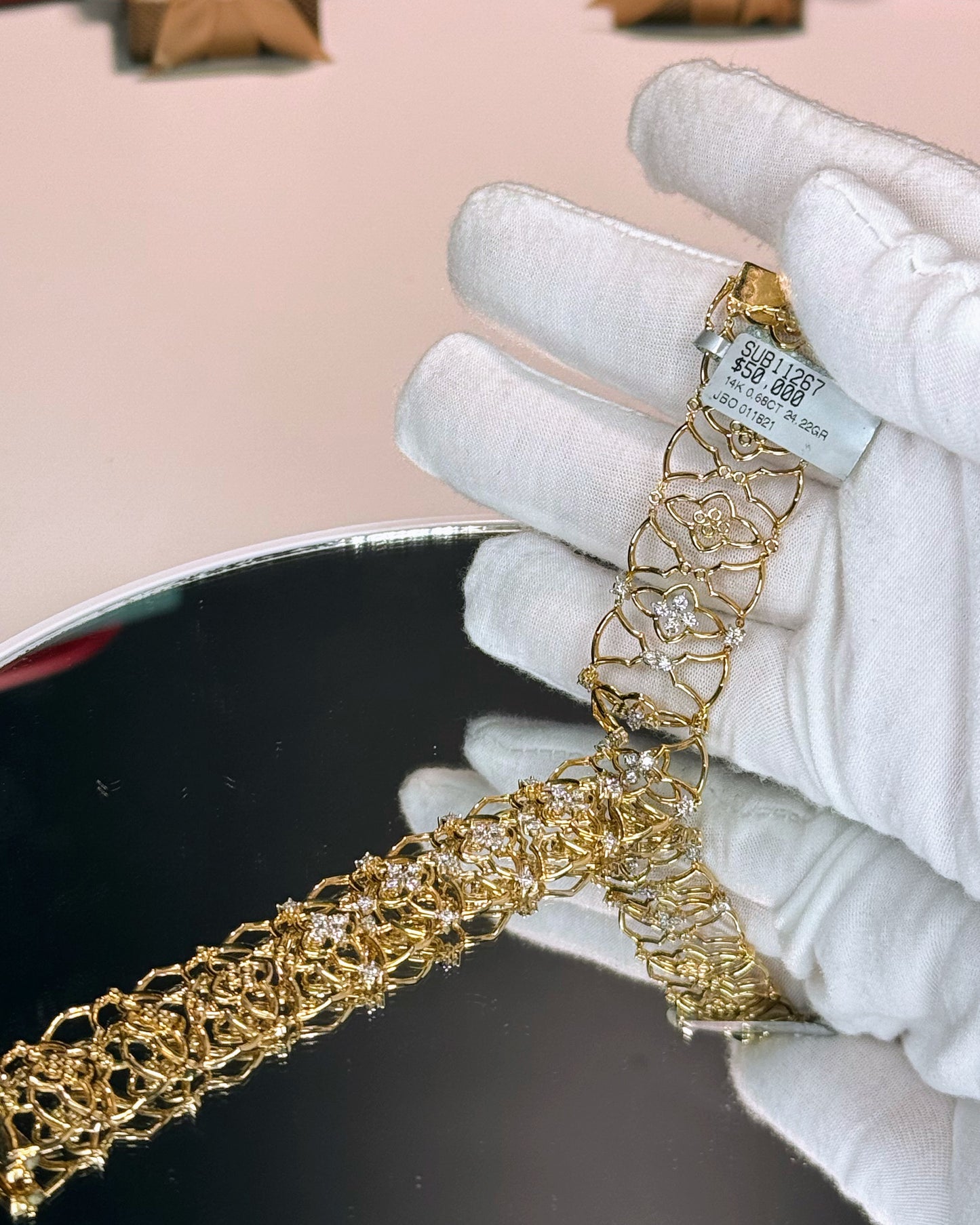 14k Yellow Gold Floral Pattern Diamond Bracelet