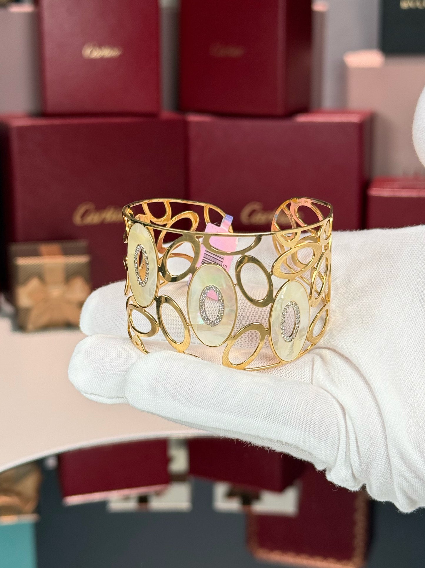 14k Yellow Gold MoP Diamond Open Cuff Bangle