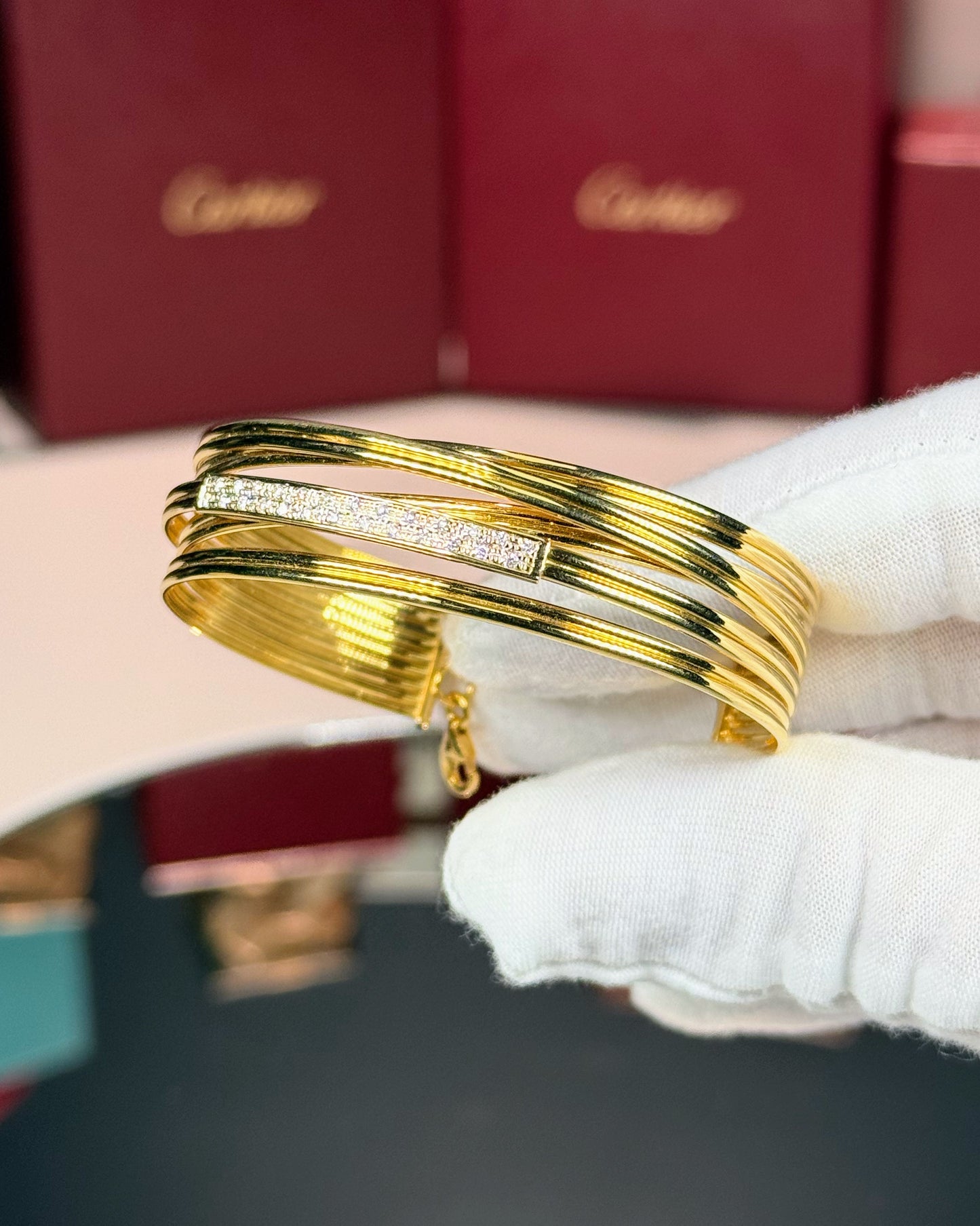 14k Yellow Gold Layered Band Open Bangle