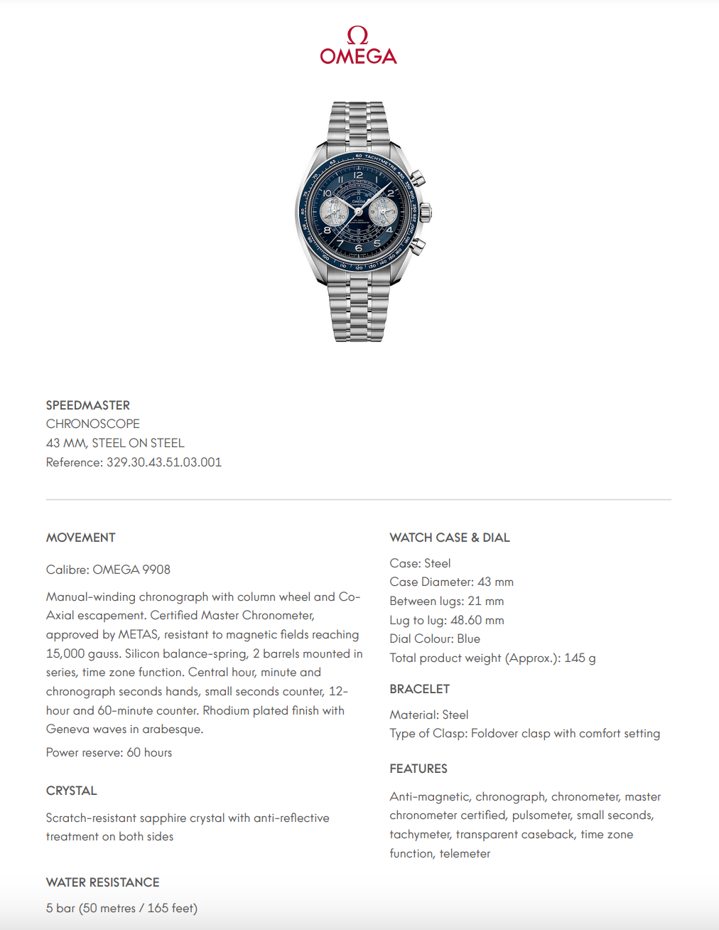 Omega Speedmaster Chronoscope Blue Dial - 32930435103001
