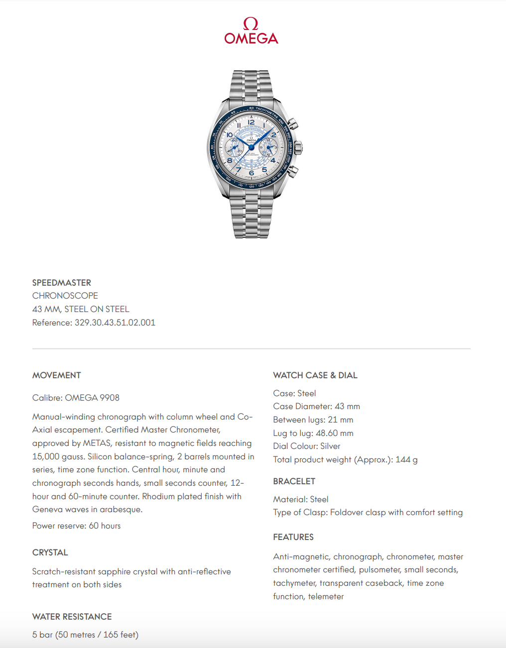 Omega Speedmaster Chronoscope White Dial - 32930435102001