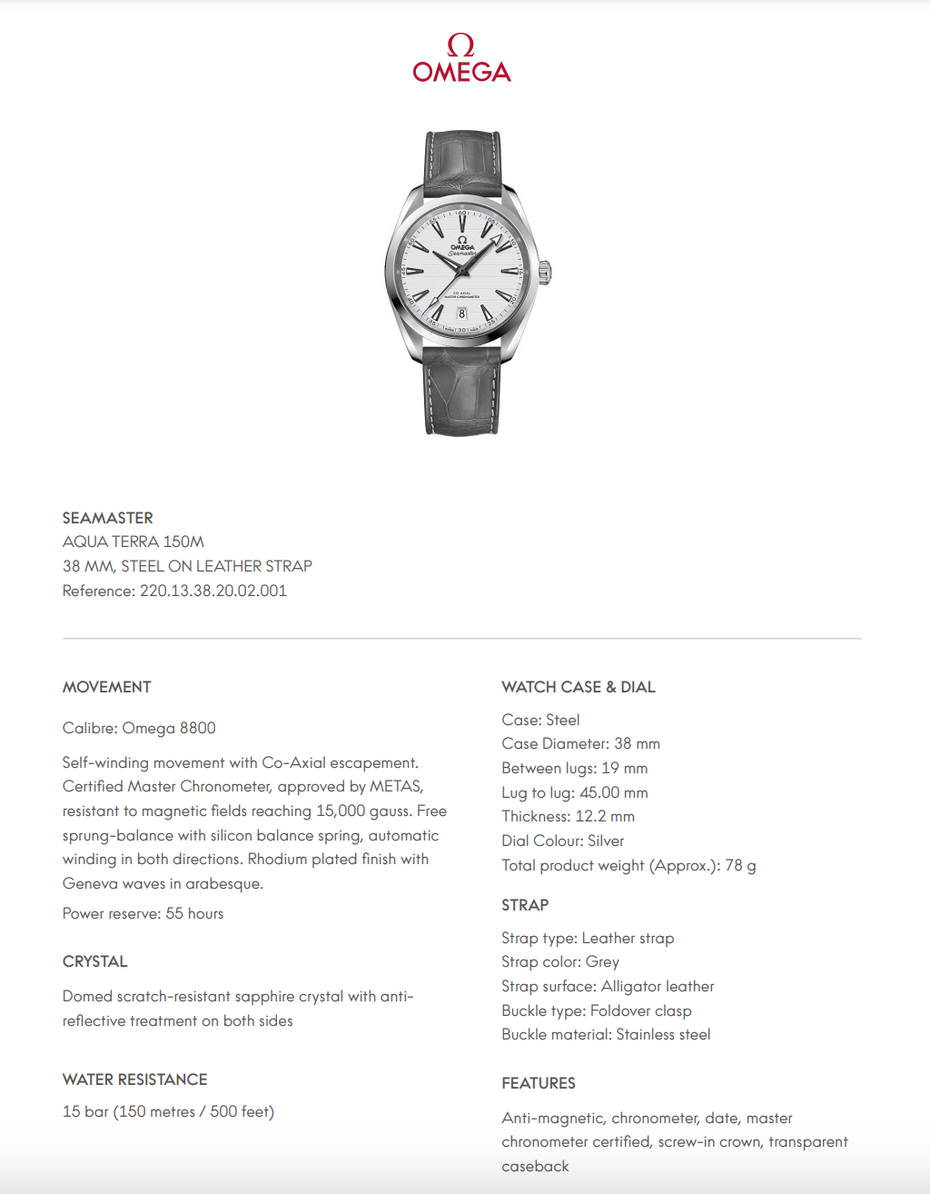 Omega Seamaster Aqua Terra 150M White Dial - 22013382002001