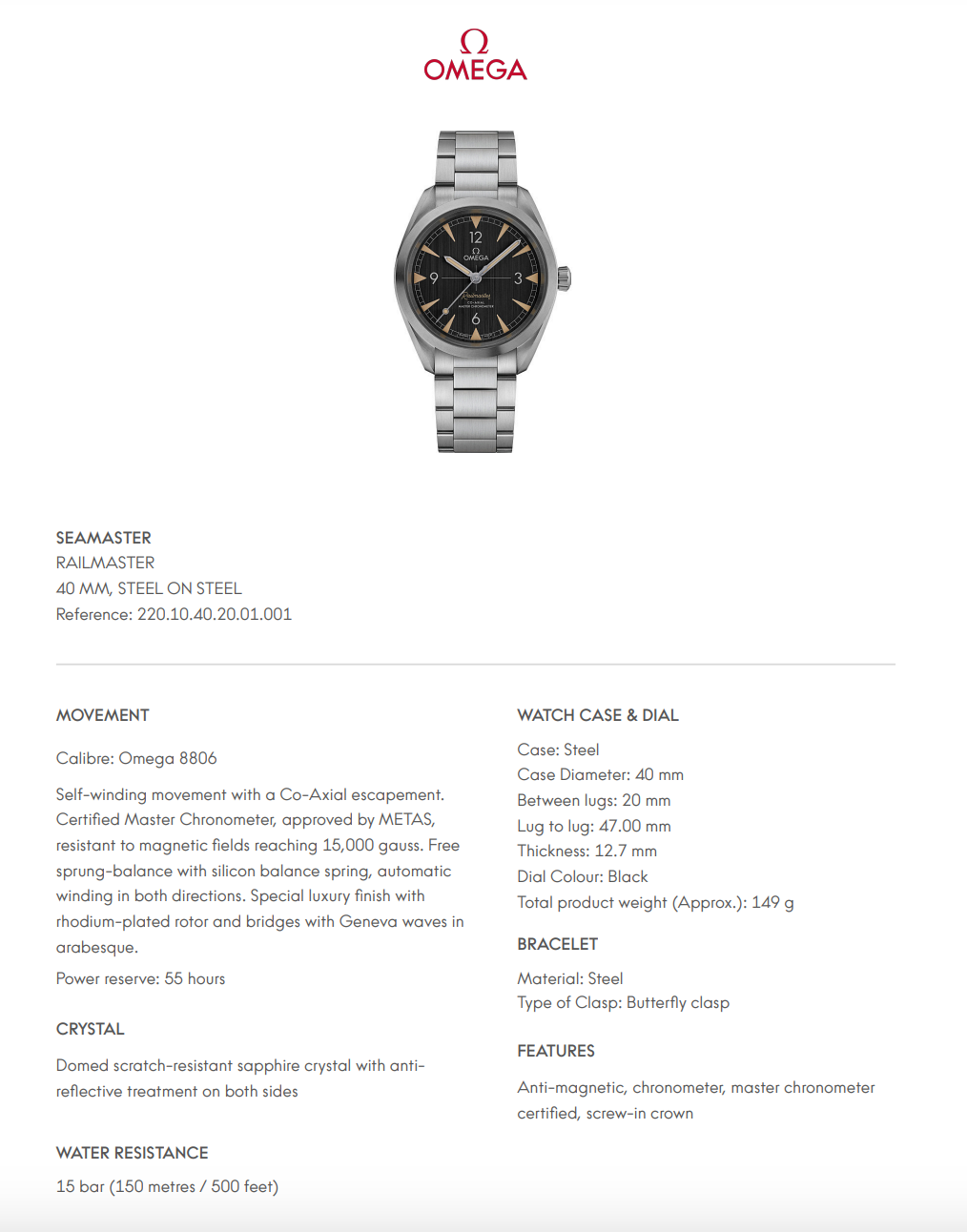 Omega Seamaster Railmaster Black Dial - 22010402001001